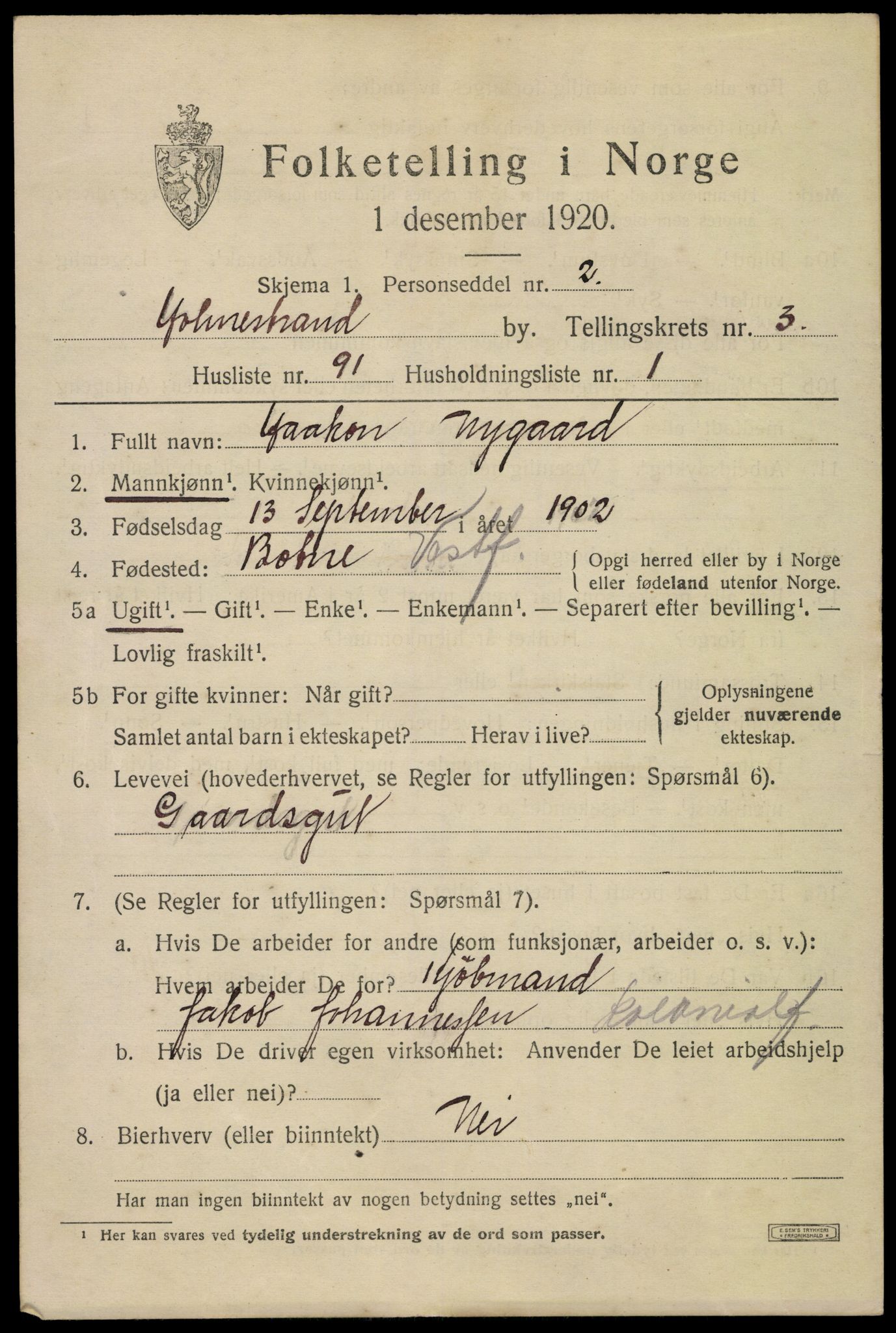 SAKO, 1920 census for Holmestrand, 1920, p. 3978