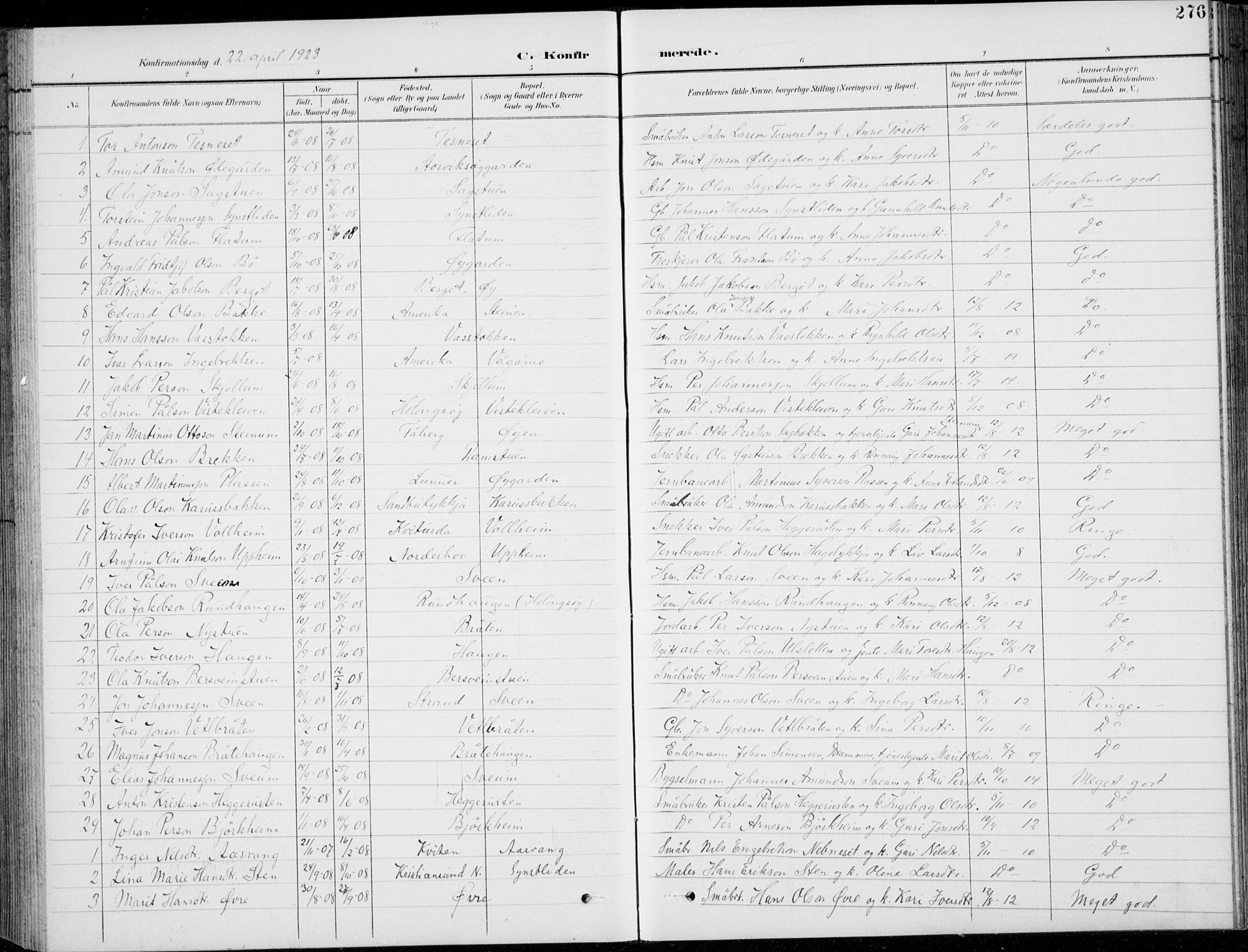 Vågå prestekontor, SAH/PREST-076/H/Ha/Hab/L0002: Parish register (copy) no. 2, 1894-1939, p. 276