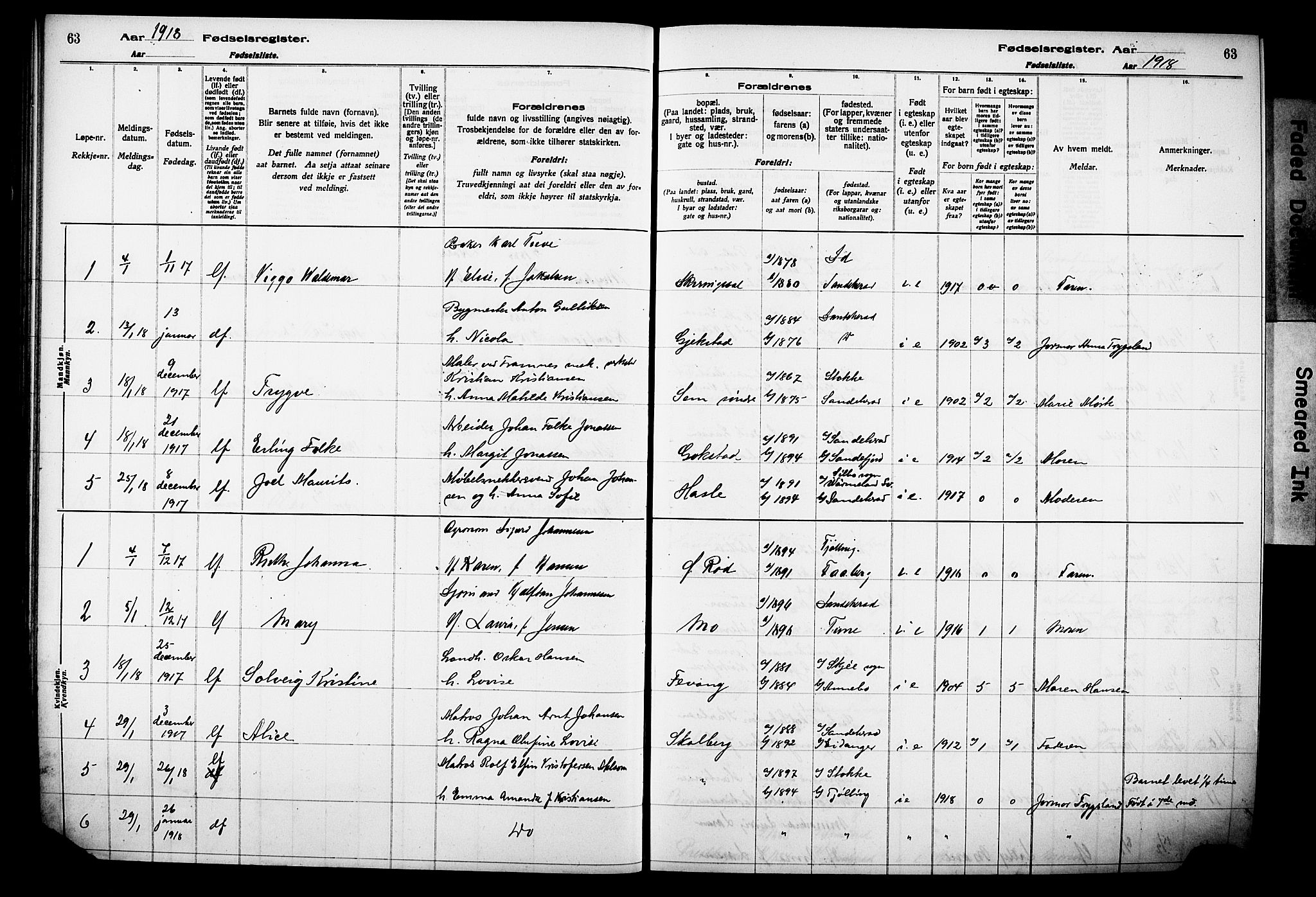 Sandar kirkebøker, AV/SAKO-A-243/J/Ja/L0001: Birth register no. 1, 1916-1922, p. 63