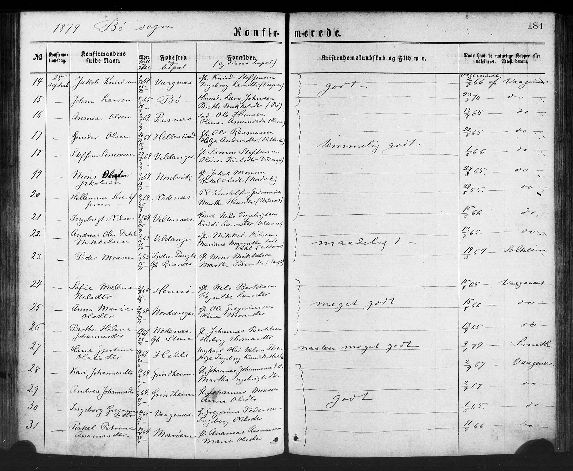 Manger sokneprestembete, SAB/A-76801/H/Haa: Parish register (official) no. A 8, 1871-1880, p. 184