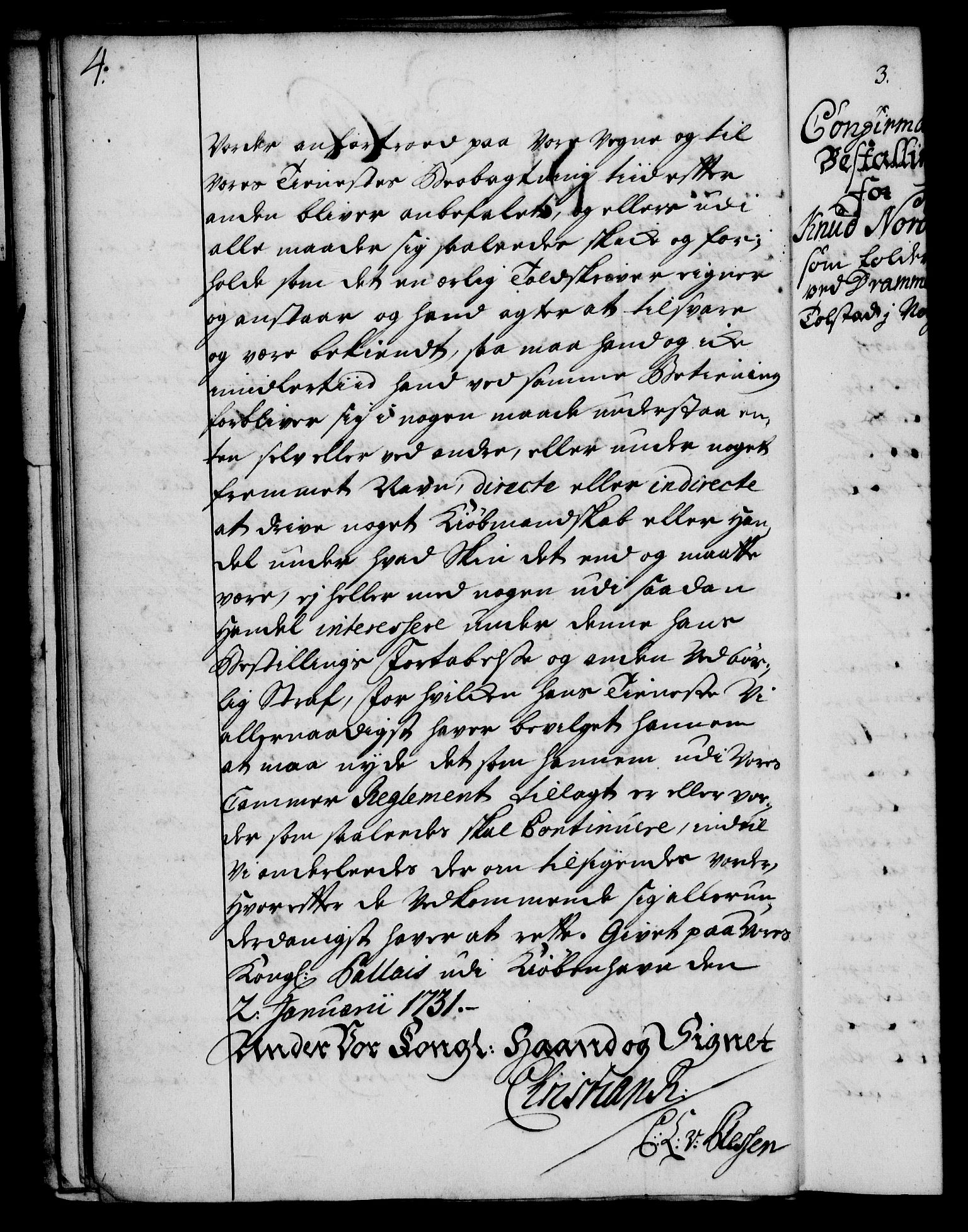 Rentekammeret, Kammerkanselliet, AV/RA-EA-3111/G/Gg/Ggg/L0001: Norsk konfirmasjonsbestallingsprotokoll med register (merket RK 53.31), 1731-1737, p. 4