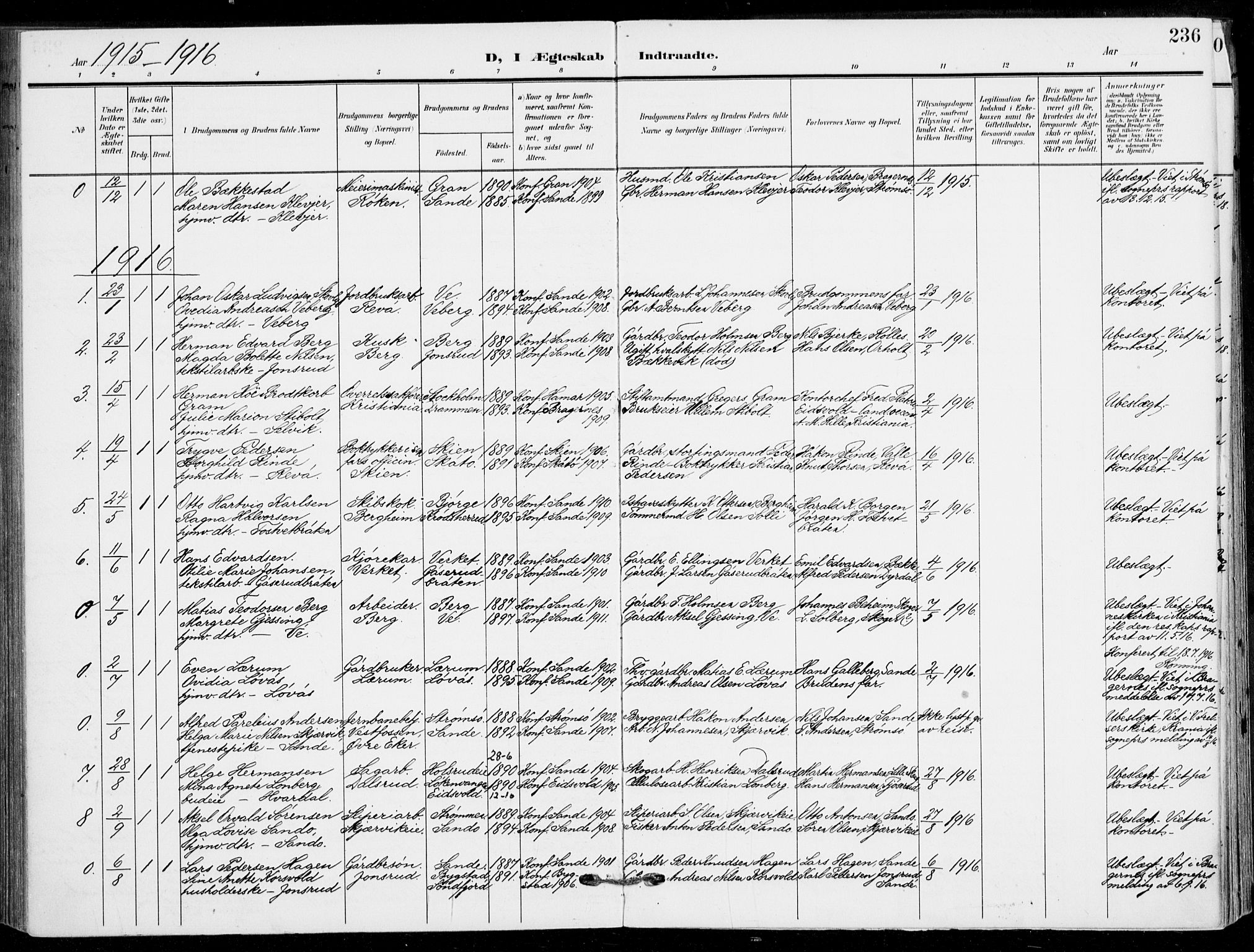 Sande Kirkebøker, SAKO/A-53/F/Fa/L0008: Parish register (official) no. 8, 1904-1921, p. 236