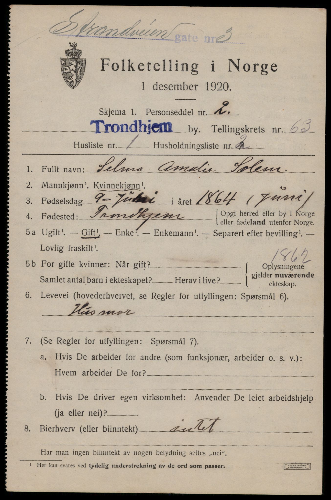 SAT, 1920 census for Trondheim, 1920, p. 125356