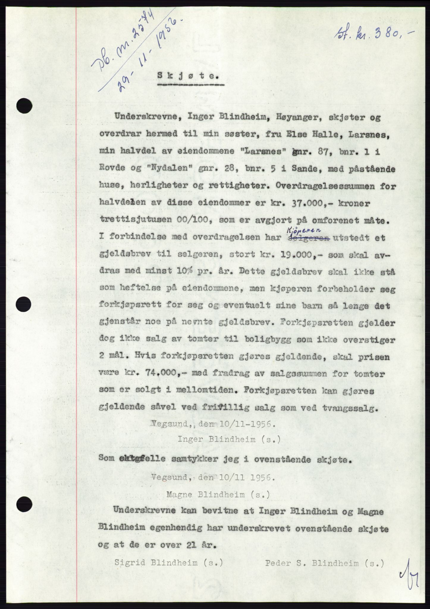 Søre Sunnmøre sorenskriveri, AV/SAT-A-4122/1/2/2C/L0105: Mortgage book no. 31A, 1956-1957, Diary no: : 2574/1956