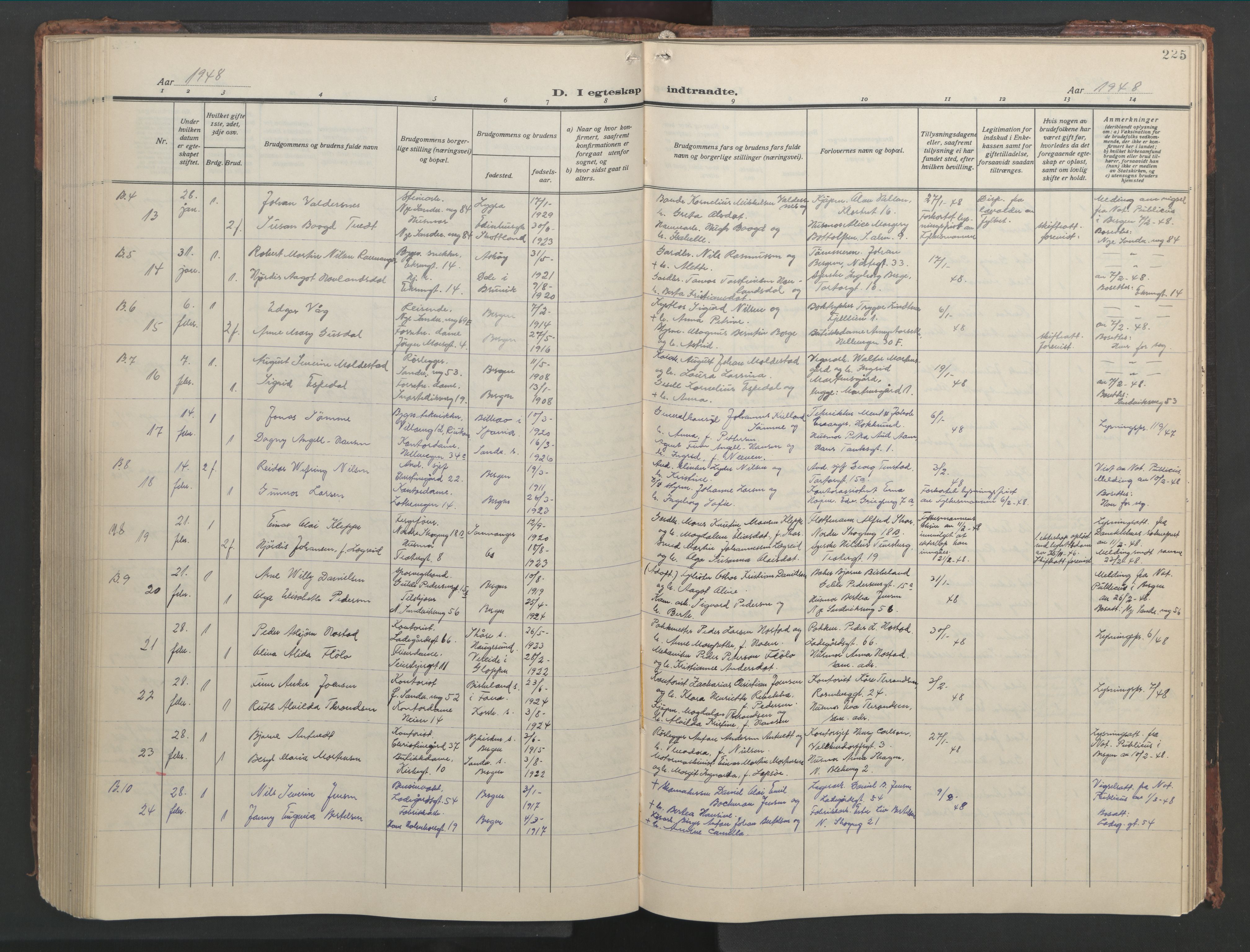 Sandviken Sokneprestembete, AV/SAB-A-77601/H/Hb/L0015: Parish register (copy) no. D 2, 1929-1953, p. 224b-225a