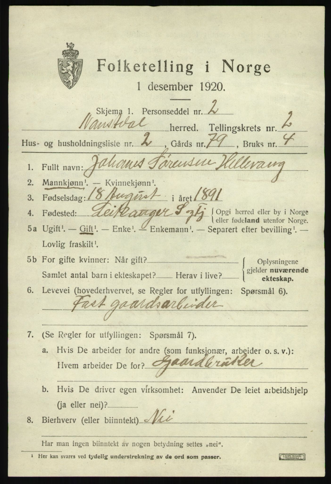 SAB, 1920 census for Naustdal, 1920, p. 1277