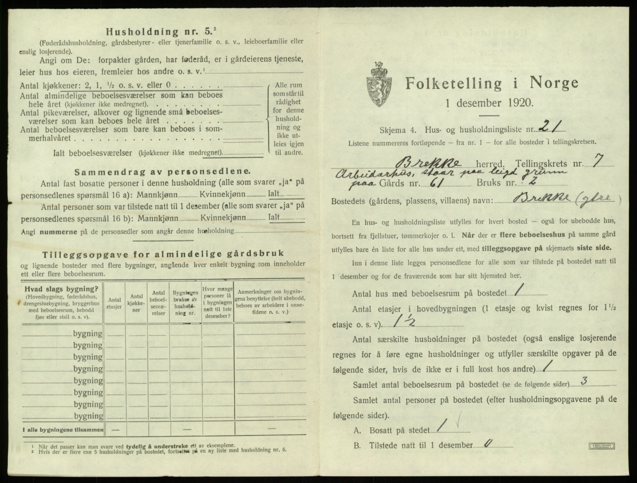 SAB, 1920 census for Brekke, 1920, p. 239