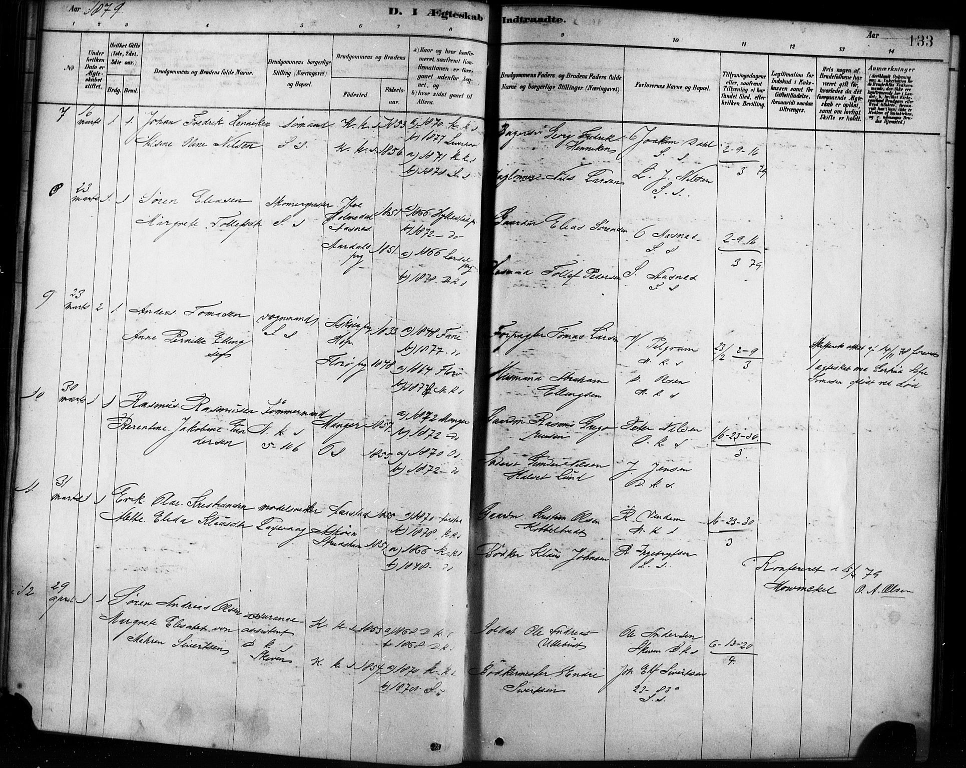 Sandviken Sokneprestembete, AV/SAB-A-77601/H/Ha/L0002: Parish register (official) no. A 2, 1878-1896, p. 133