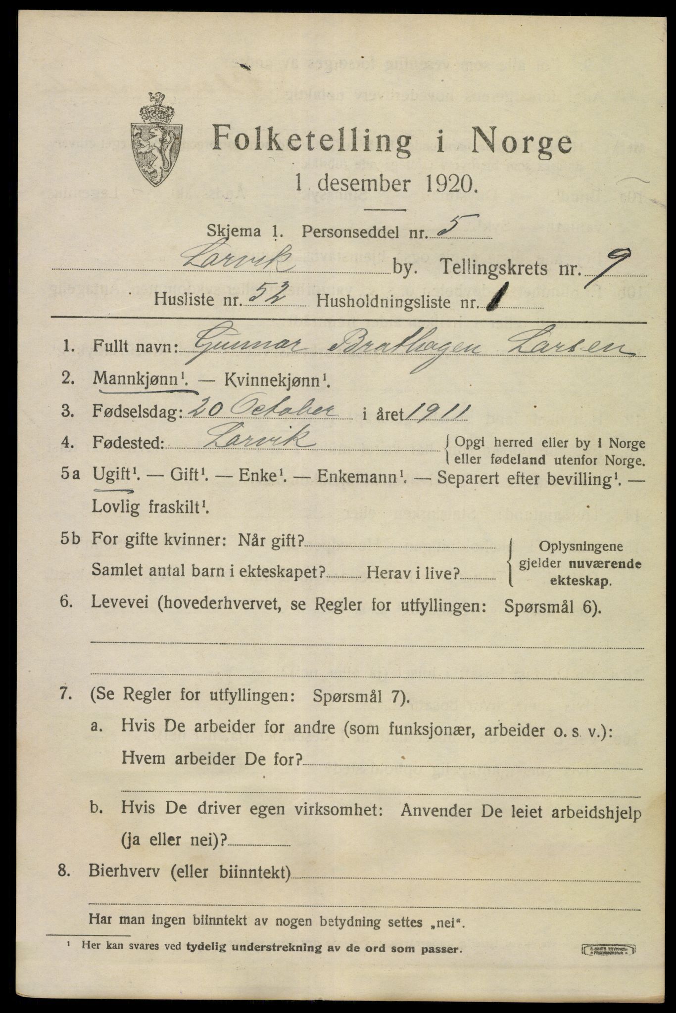 SAKO, 1920 census for Larvik, 1920, p. 25560