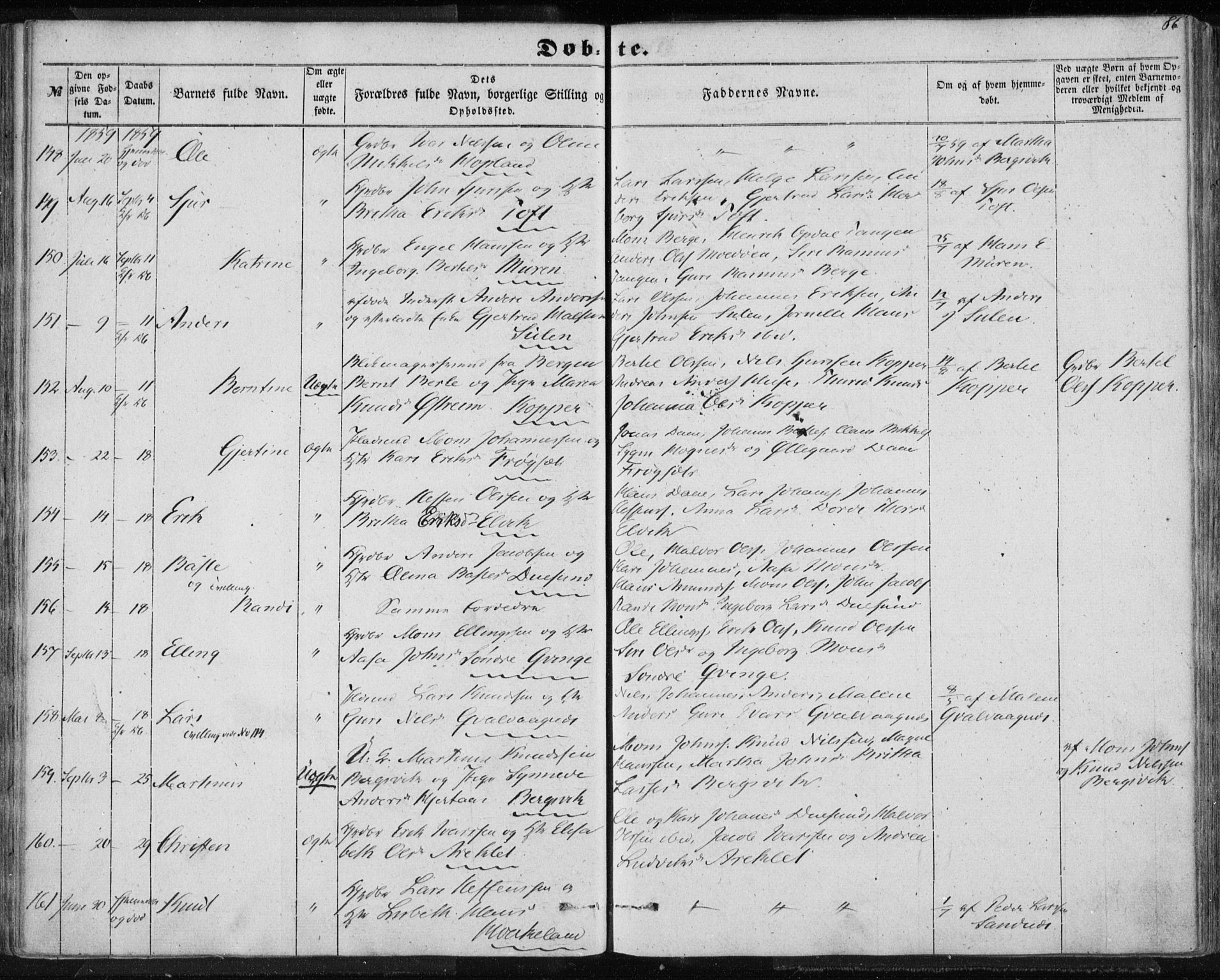 Lindås Sokneprestembete, AV/SAB-A-76701/H/Haa/Haaa/L0011: Parish register (official) no. A 11, 1854-1869, p. 86