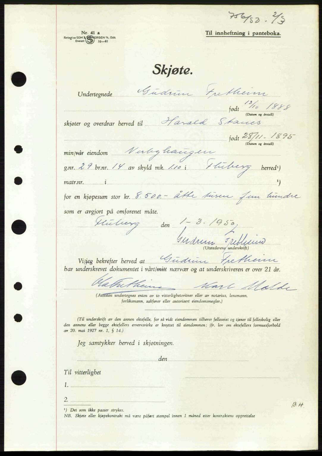 Hadeland og Land tingrett, AV/SAH-TING-010/H/Hb/Hbb/L0101: Mortgage book no. A101, 1949-1950, Diary no: : 756/1950
