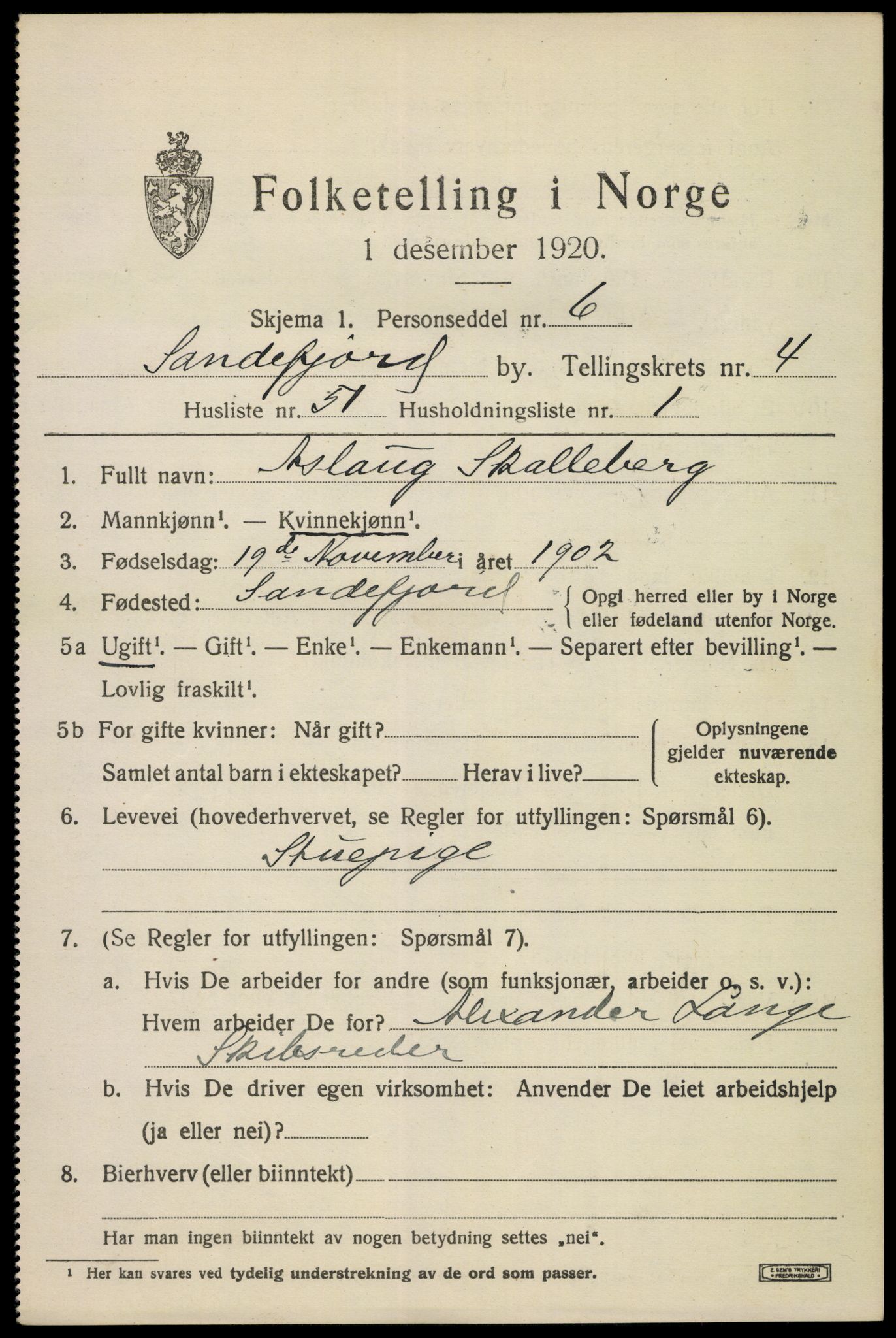 SAKO, 1920 census for Sandefjord, 1920, p. 8414