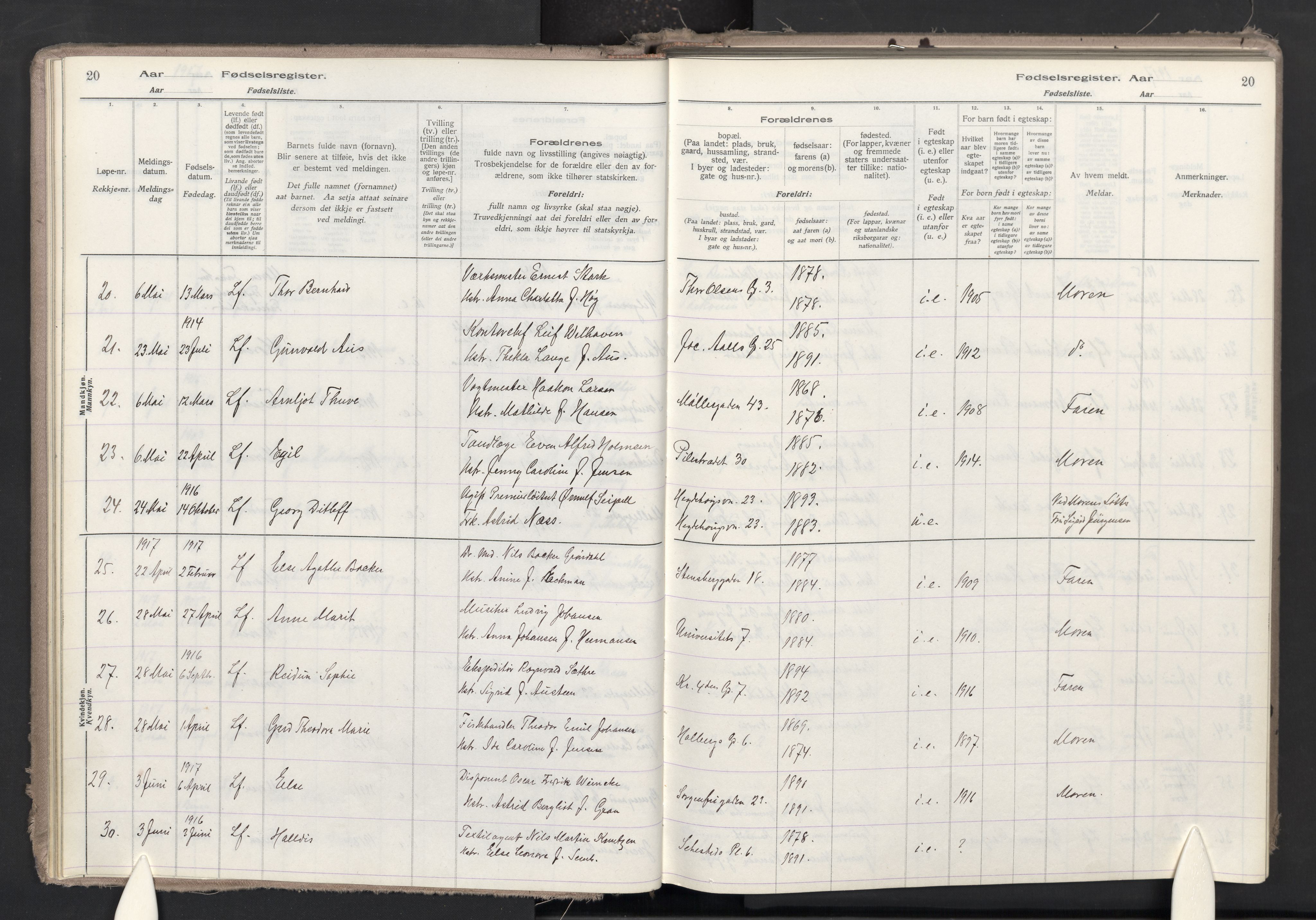 Trefoldighet prestekontor Kirkebøker, SAO/A-10882/J/Ja/L0001: Birth register no. 1, 1916-1931, p. 20