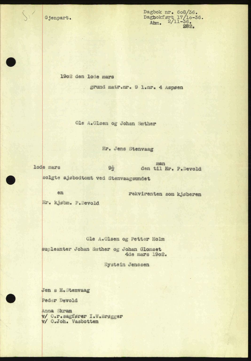 Ålesund byfogd, AV/SAT-A-4384: Mortgage book no. 34 I, 1936-1938, Diary no: : 608/1936