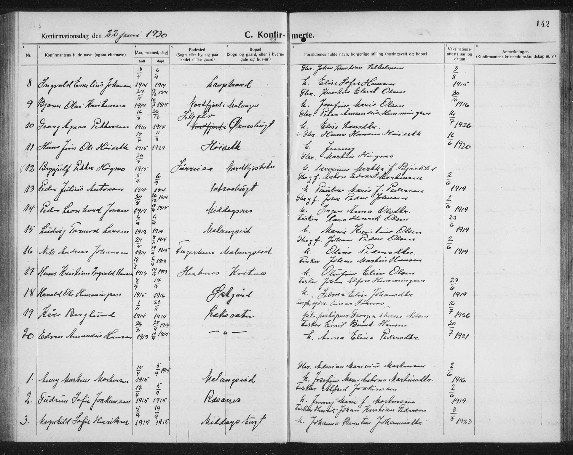 Balsfjord sokneprestembete, AV/SATØ-S-1303/G/Gab/L0010klokker: Parish register (copy) no. 10, 1921-1936, p. 142