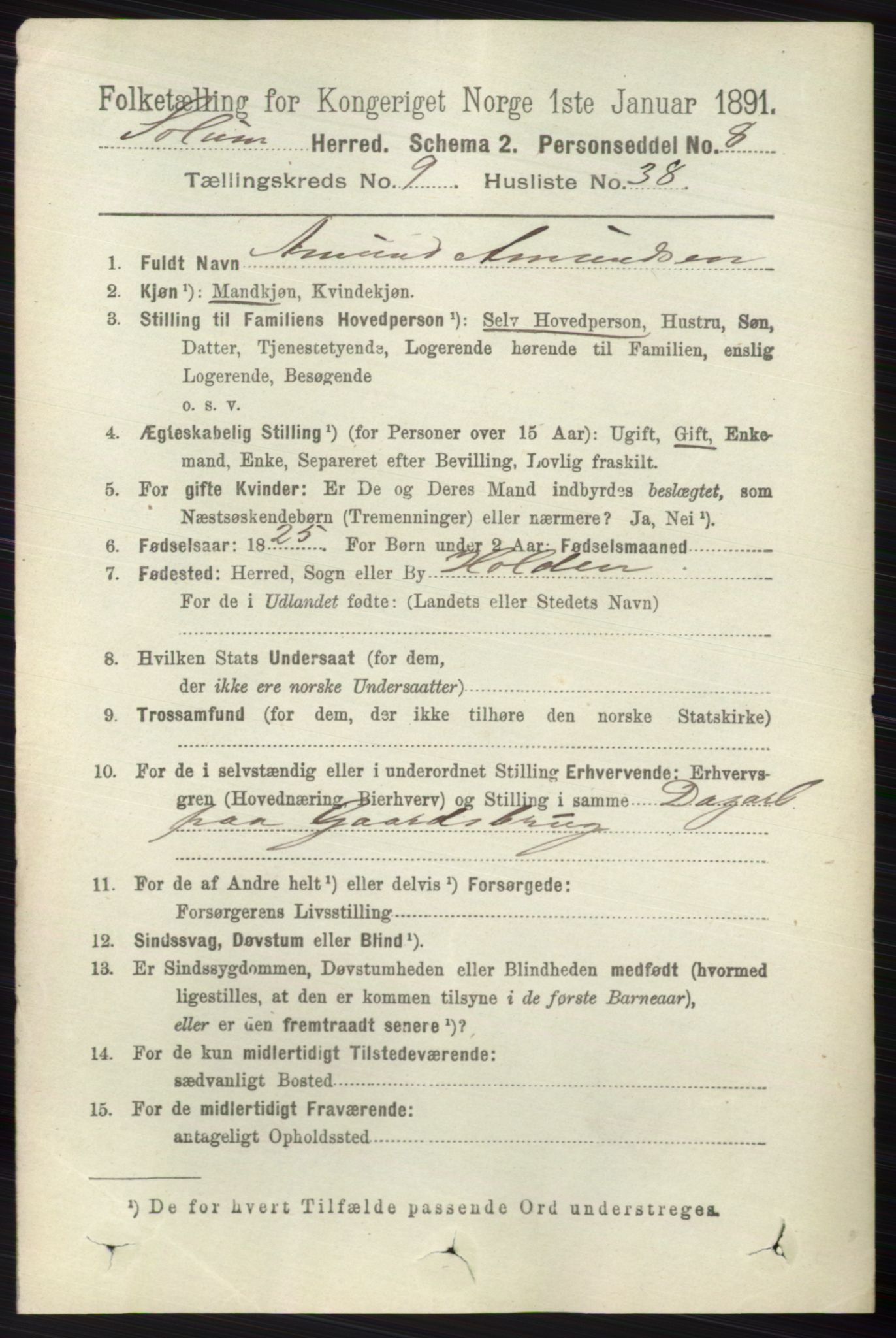 RA, 1891 census for 0818 Solum, 1891, p. 2177