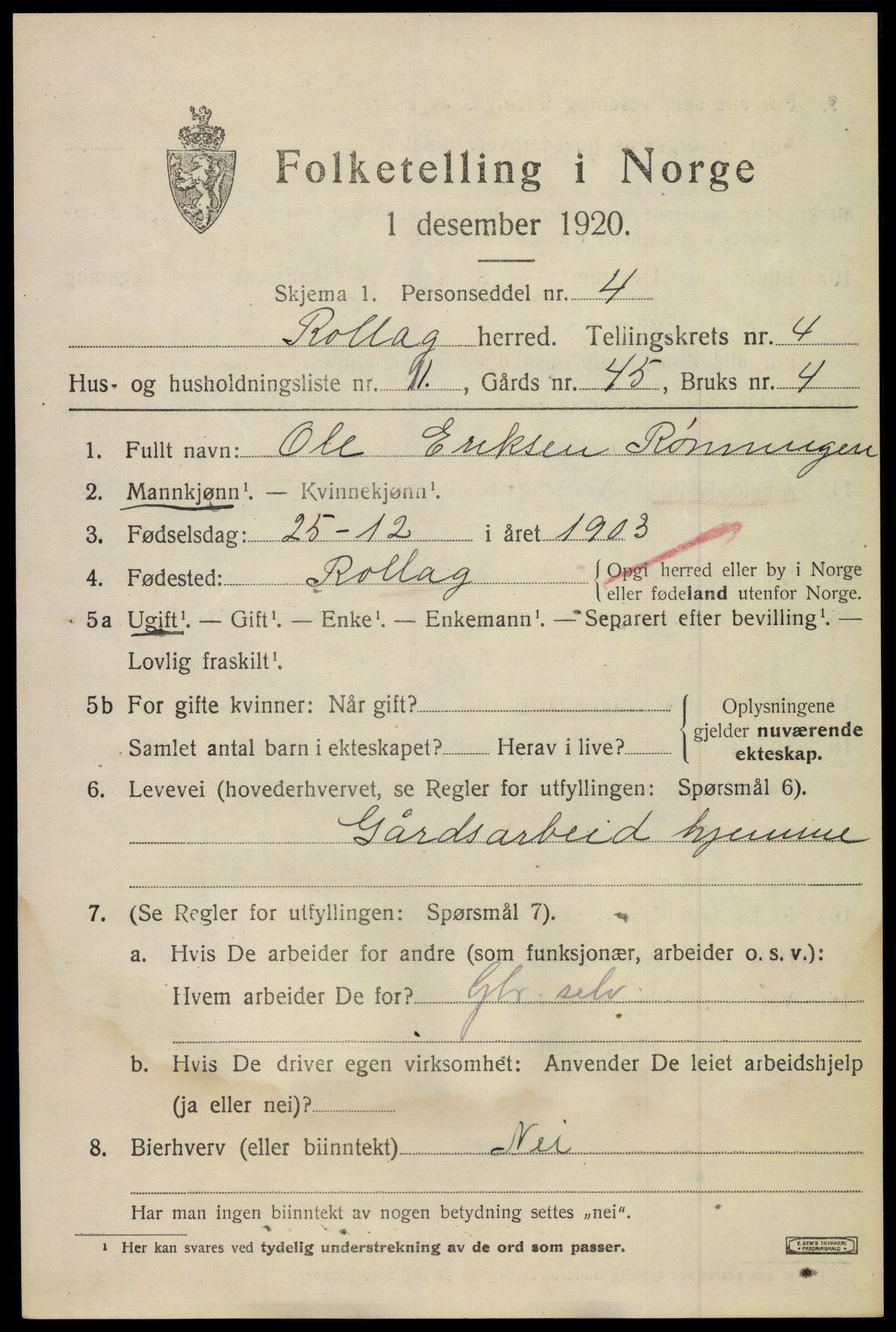 SAKO, 1920 census for Rollag, 1920, p. 2042