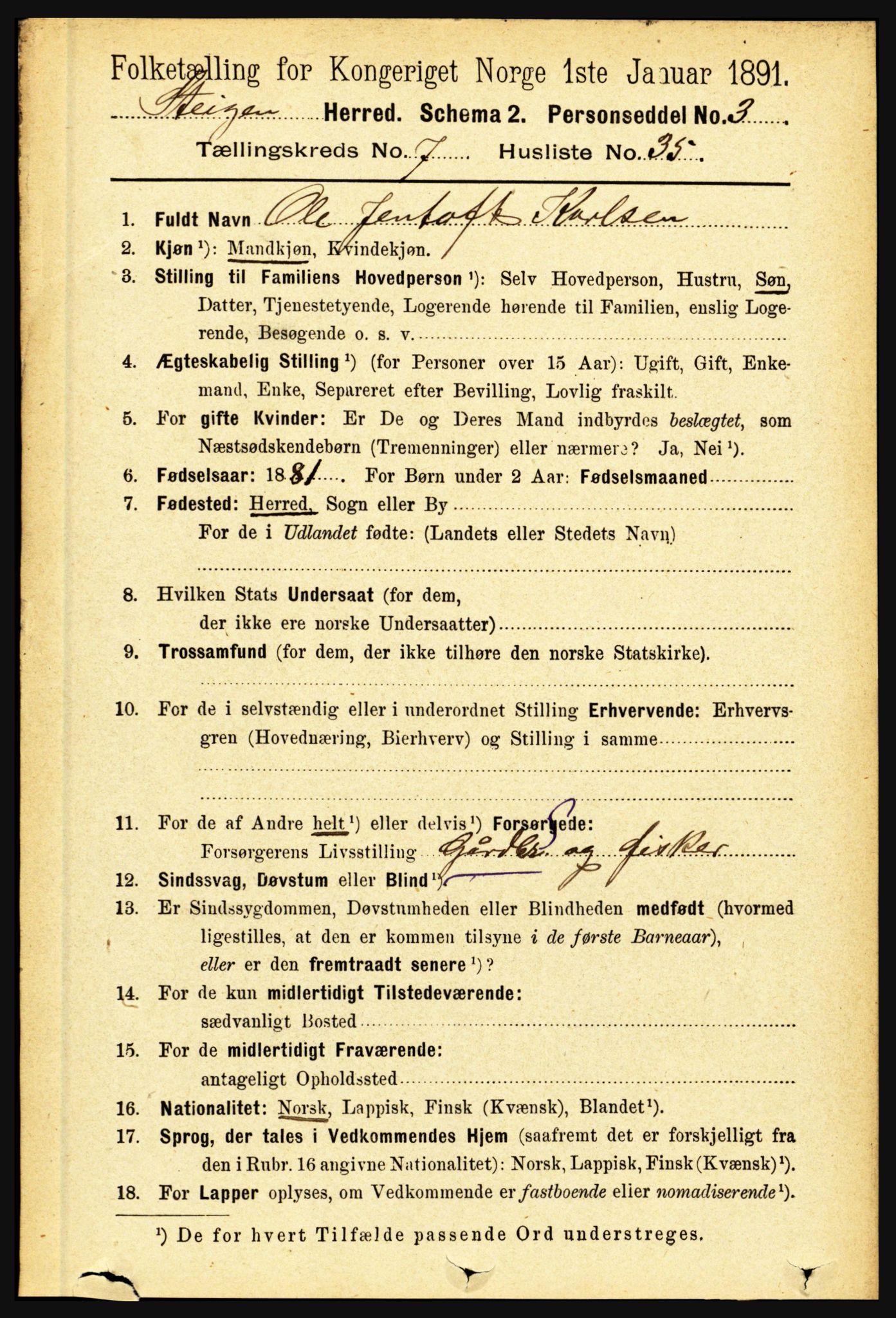 RA, 1891 census for 1848 Steigen, 1891, p. 2454
