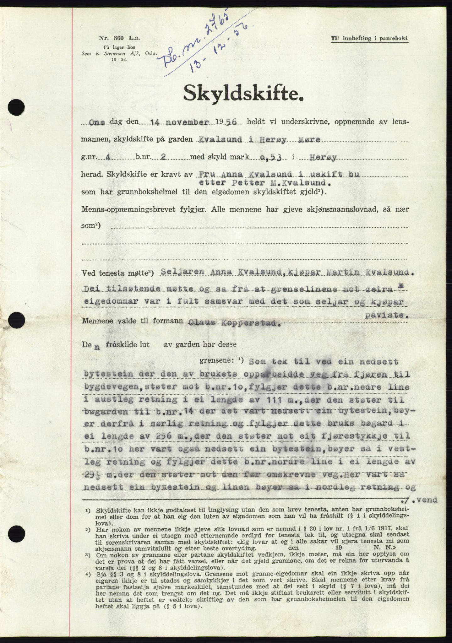 Søre Sunnmøre sorenskriveri, AV/SAT-A-4122/1/2/2C/L0105: Mortgage book no. 31A, 1956-1957, Diary no: : 2765/1956