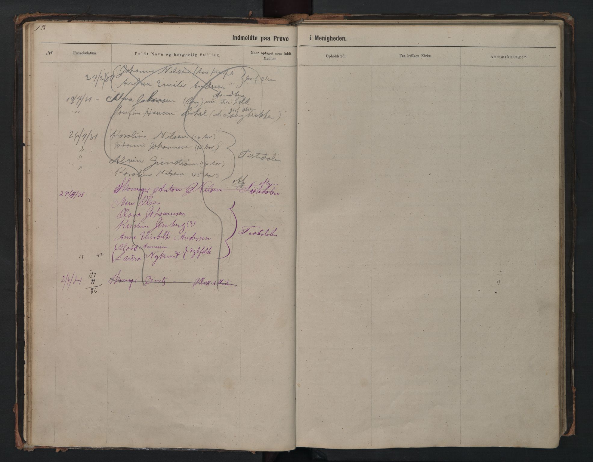 Halden metodistkirke - menighetsprotokoller, SAO/PAO-0266/F/L0002: Dissenter register no. 2, 1856-1892, p. 13