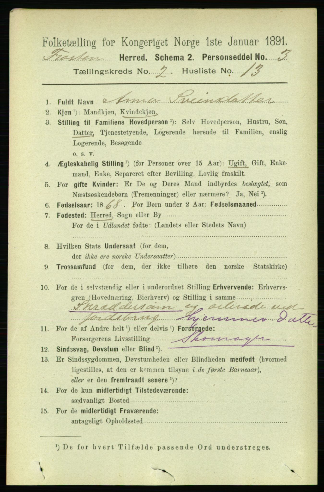 RA, 1891 census for 1717 Frosta, 1891, p. 1135