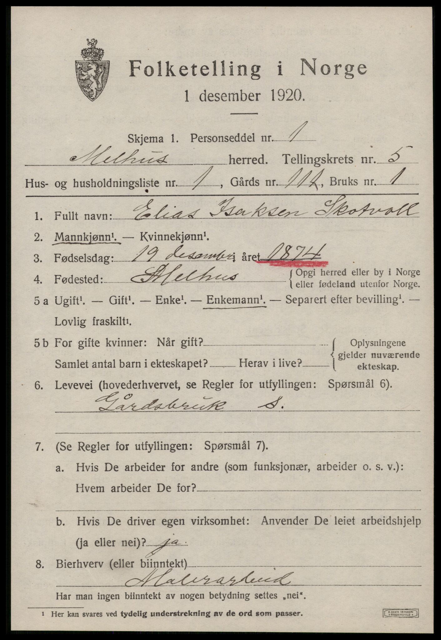 SAT, 1920 census for Melhus, 1920, p. 4949