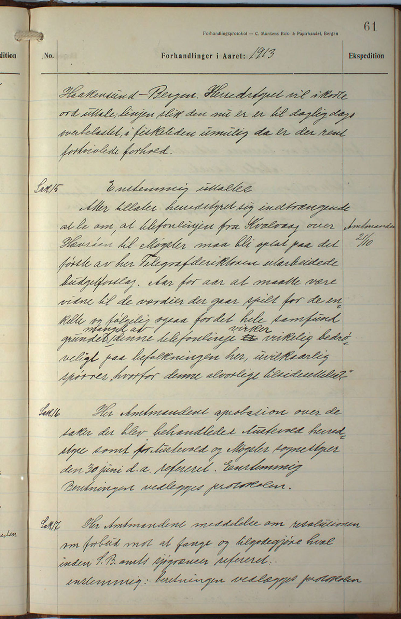 Austevoll kommune. Formannskapet, IKAH/1244-021/A/Aa/L0002b: Møtebok for heradstyret, 1910-1919, p. 123