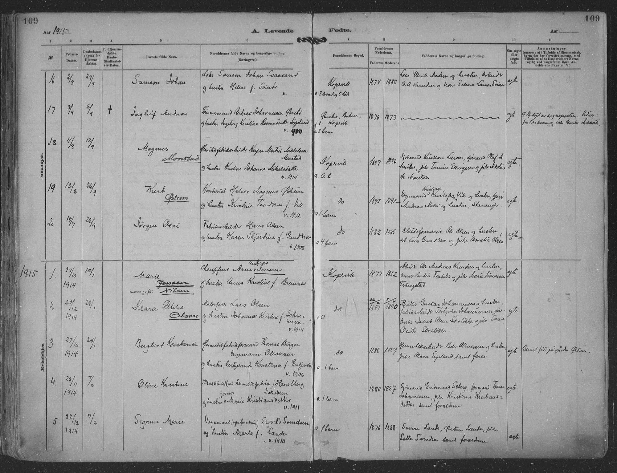 Kopervik sokneprestkontor, AV/SAST-A-101850/H/Ha/Haa/L0001: Parish register (official) no. A 1, 1880-1919, p. 109