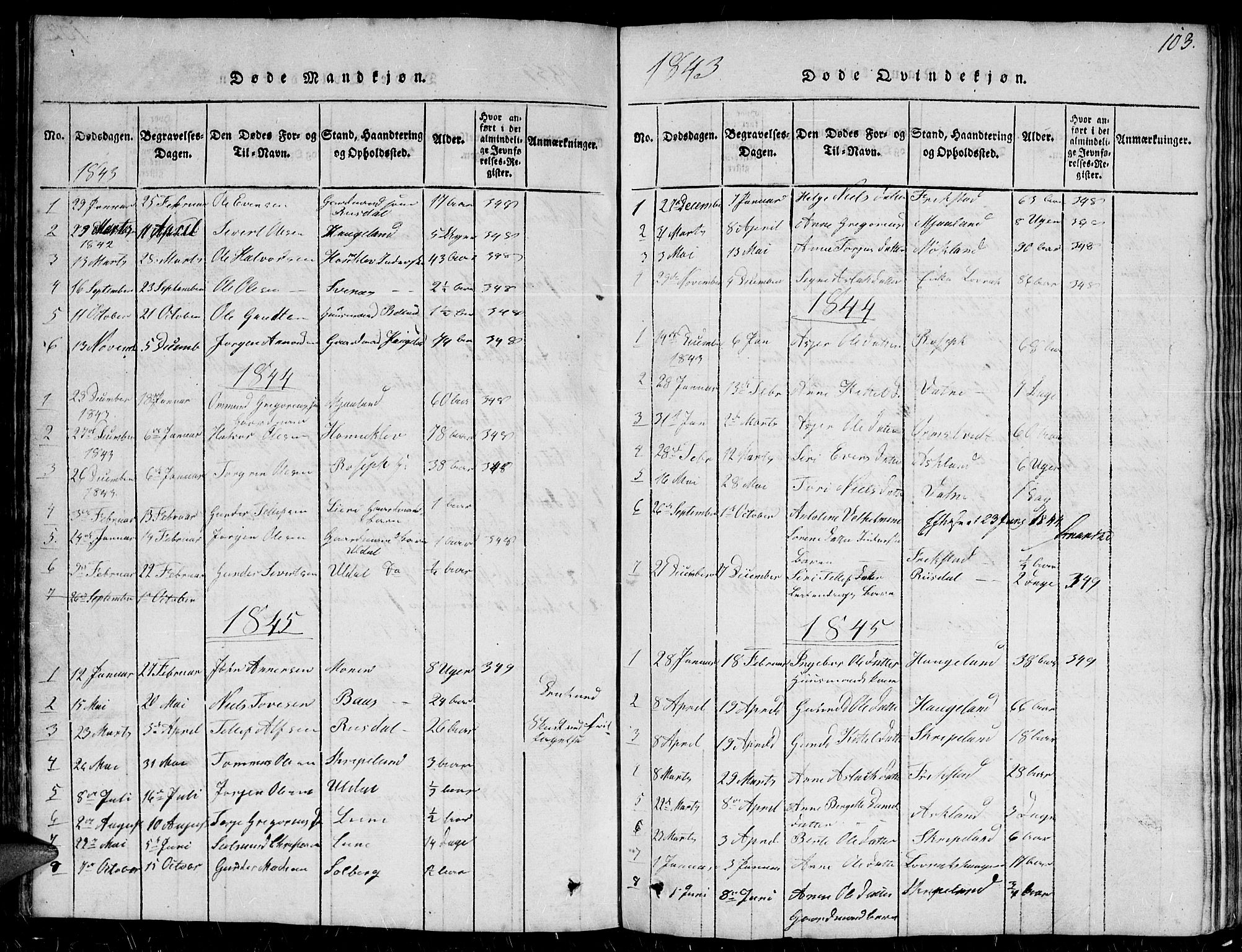 Herefoss sokneprestkontor, SAK/1111-0019/F/Fb/Fbc/L0001: Parish register (copy) no. B 1, 1816-1866, p. 103