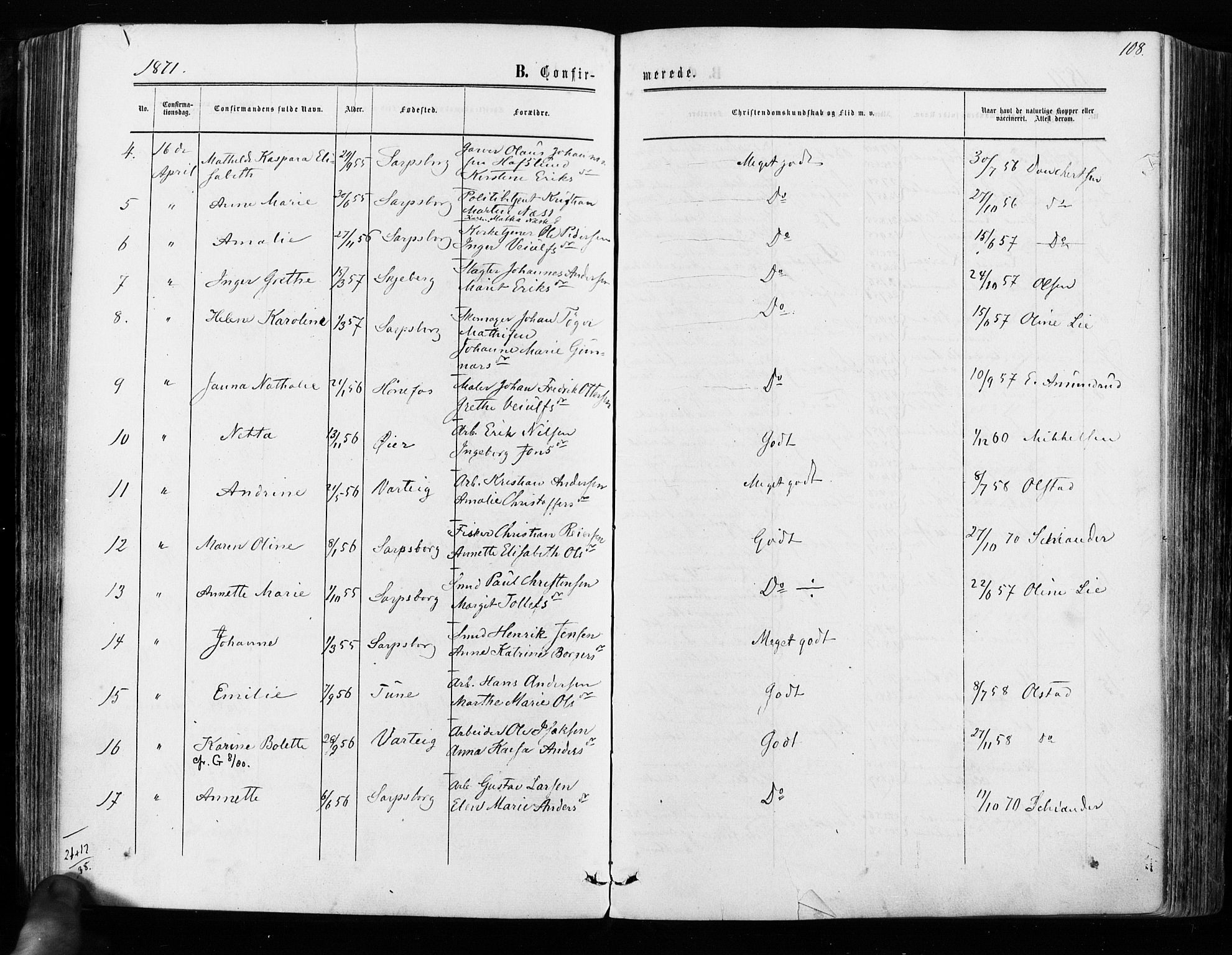 Sarpsborg prestekontor Kirkebøker, AV/SAO-A-2006/F/Fa/L0002: Parish register (official) no. 2, 1869-1877, p. 108