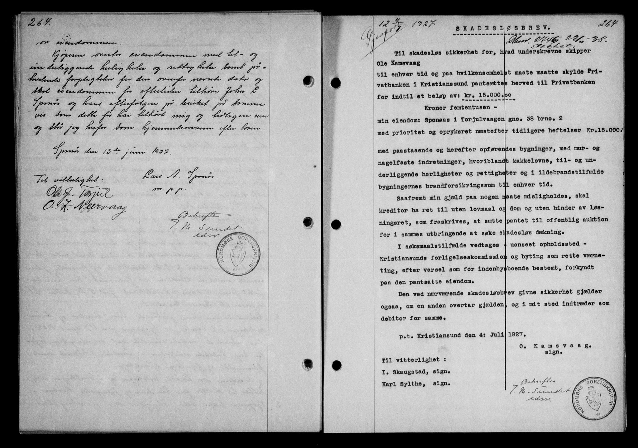 Nordmøre sorenskriveri, AV/SAT-A-4132/1/2/2Ca/L0062: Mortgage book no. 52, 1927-1927, Deed date: 11.07.1927