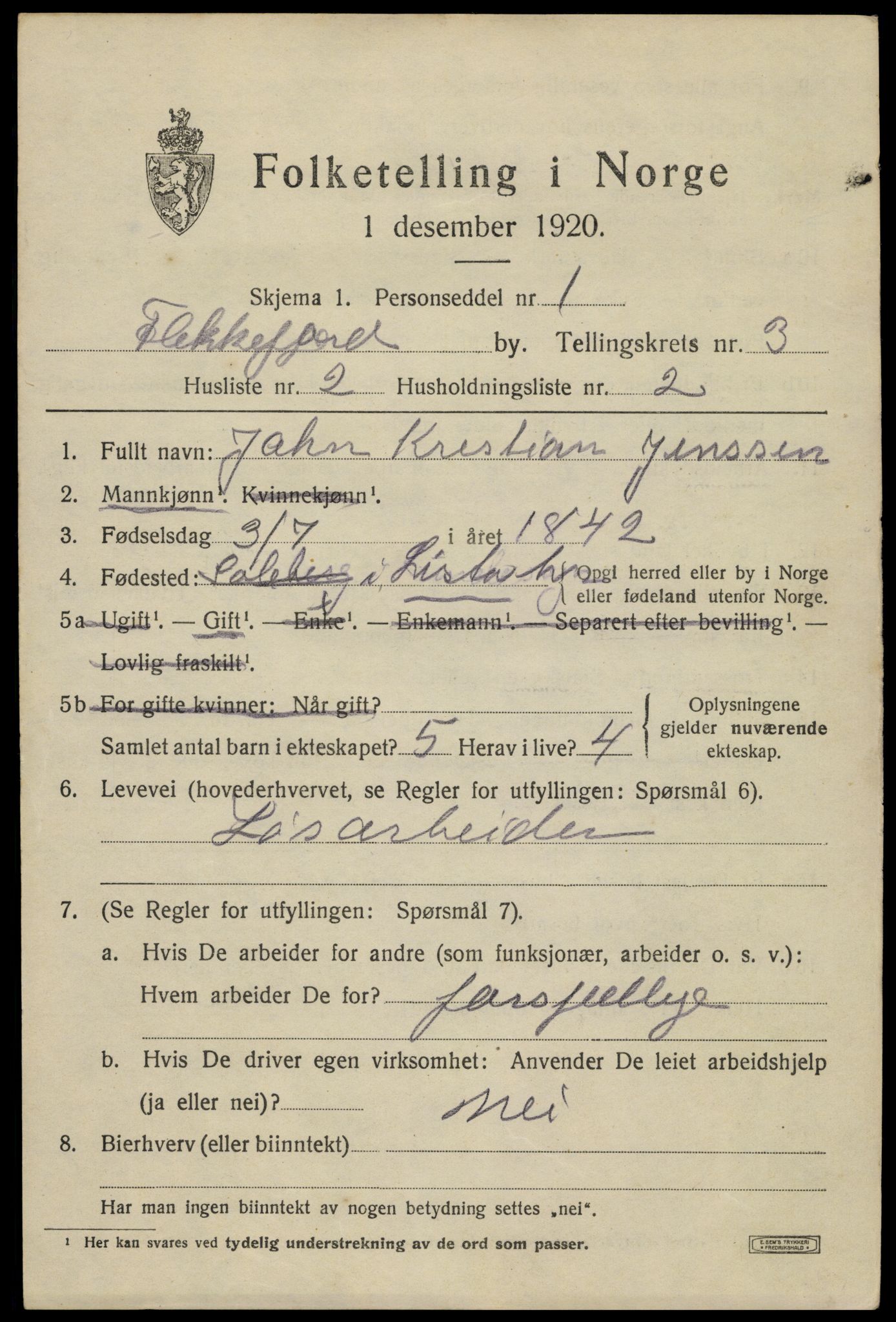 SAK, 1920 census for Flekkefjord, 1920, p. 3428