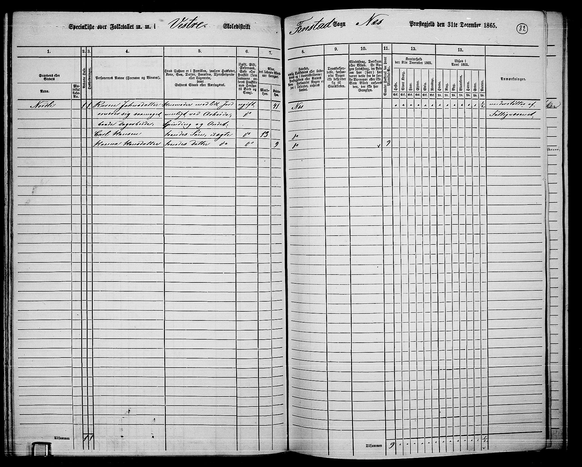 RA, 1865 census for Nes, 1865, p. 75