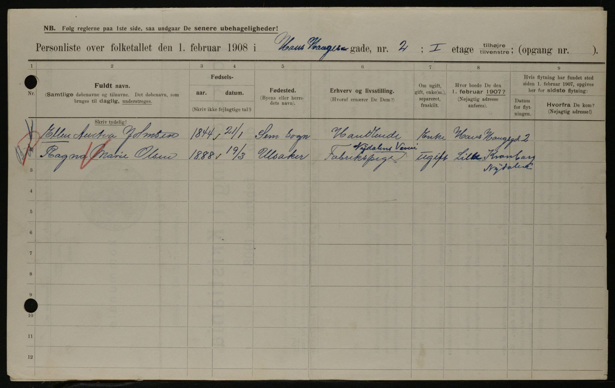 OBA, Municipal Census 1908 for Kristiania, 1908, p. 31307