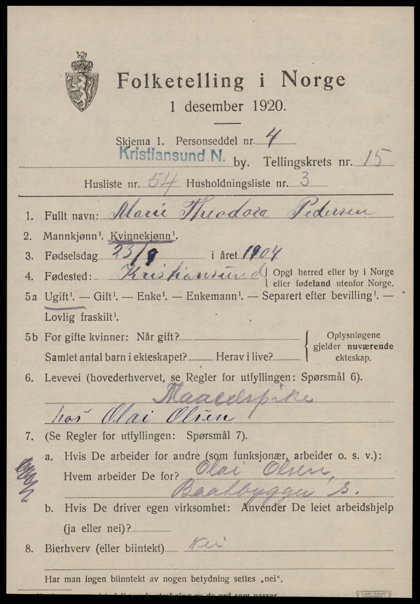 SAT, 1920 census for Kristiansund, 1920, p. 32001
