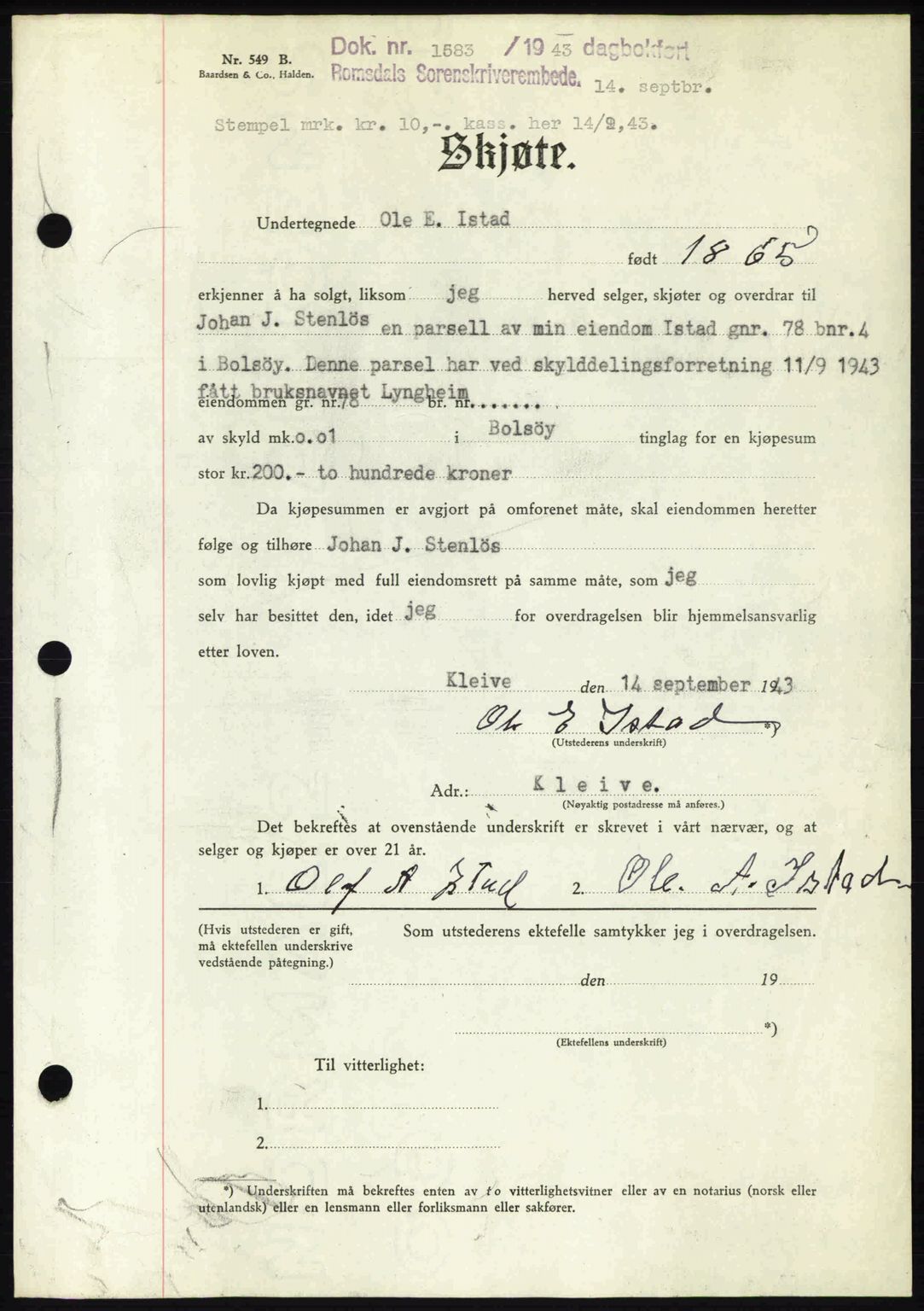 Romsdal sorenskriveri, AV/SAT-A-4149/1/2/2C: Mortgage book no. A14, 1943-1943, Diary no: : 1583/1943