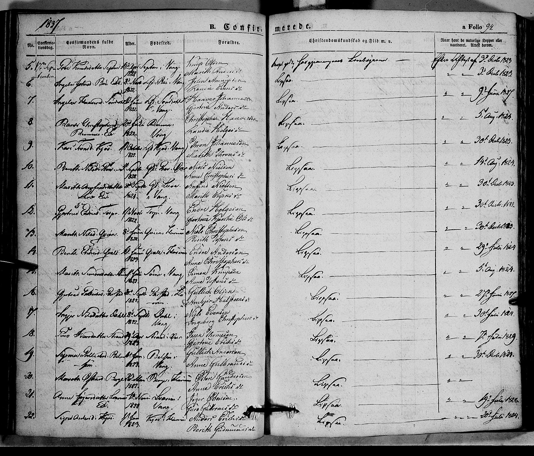 Vang prestekontor, Valdres, SAH/PREST-140/H/Ha/L0005: Parish register (official) no. 5, 1831-1845, p. 94