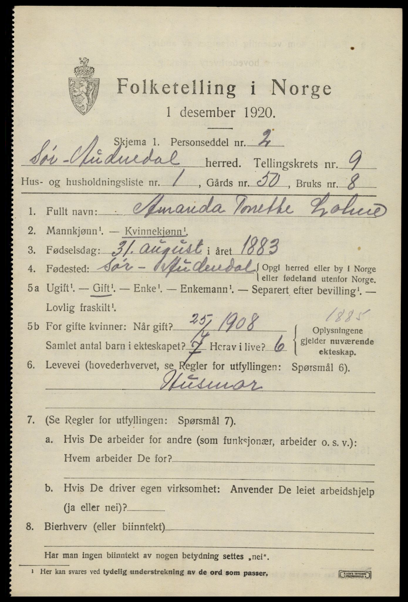 SAK, 1920 census for Sør-Audnedal, 1920, p. 3471