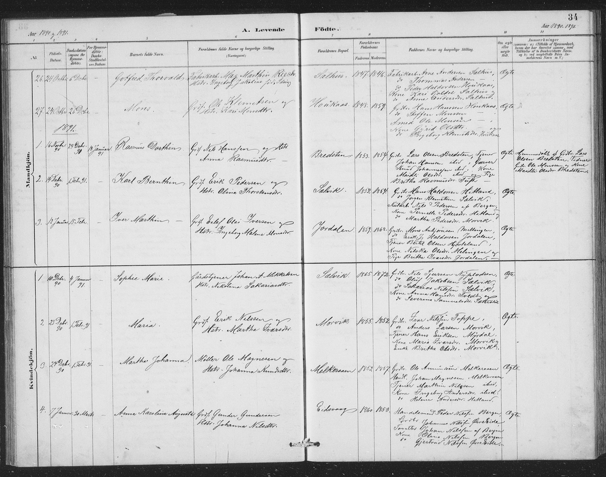 Åsane sokneprestembete, SAB/A-79401/H/Hab: Parish register (copy) no. A 2, 1885-1898, p. 34