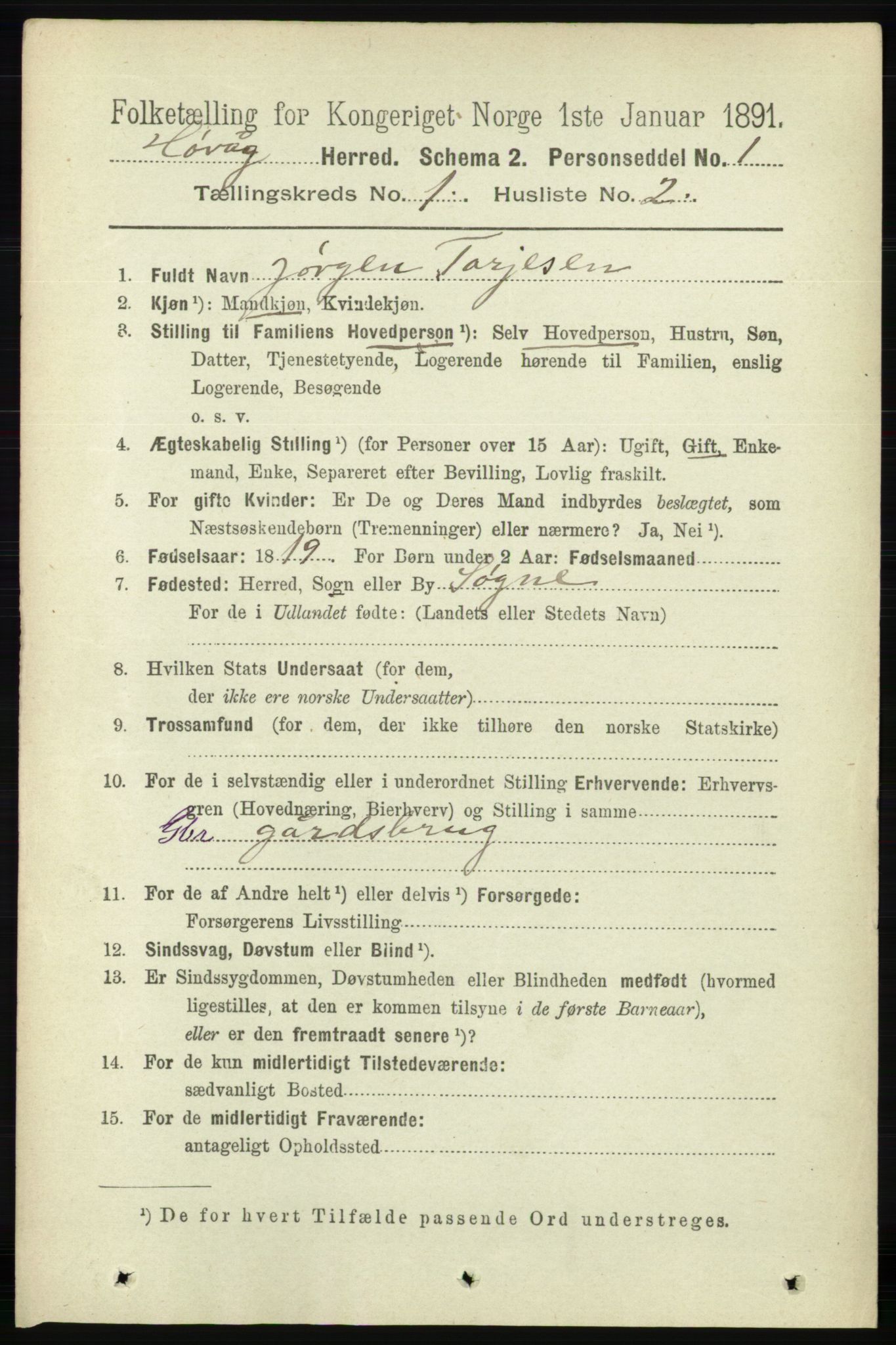 RA, 1891 census for 0927 Høvåg, 1891, p. 95