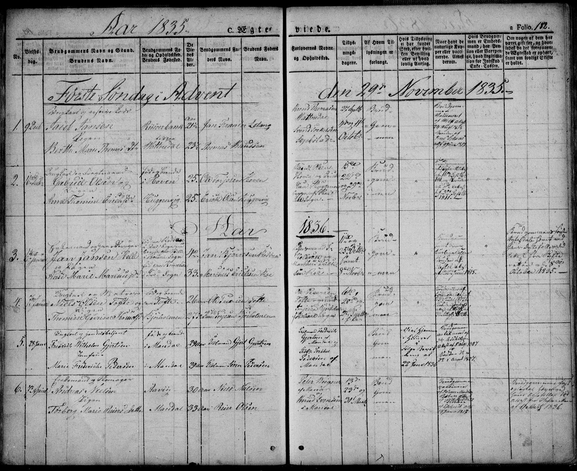 Mandal sokneprestkontor, SAK/1111-0030/F/Fa/Faa/L0011: Parish register (official) no. A 11, 1830-1839, p. 182