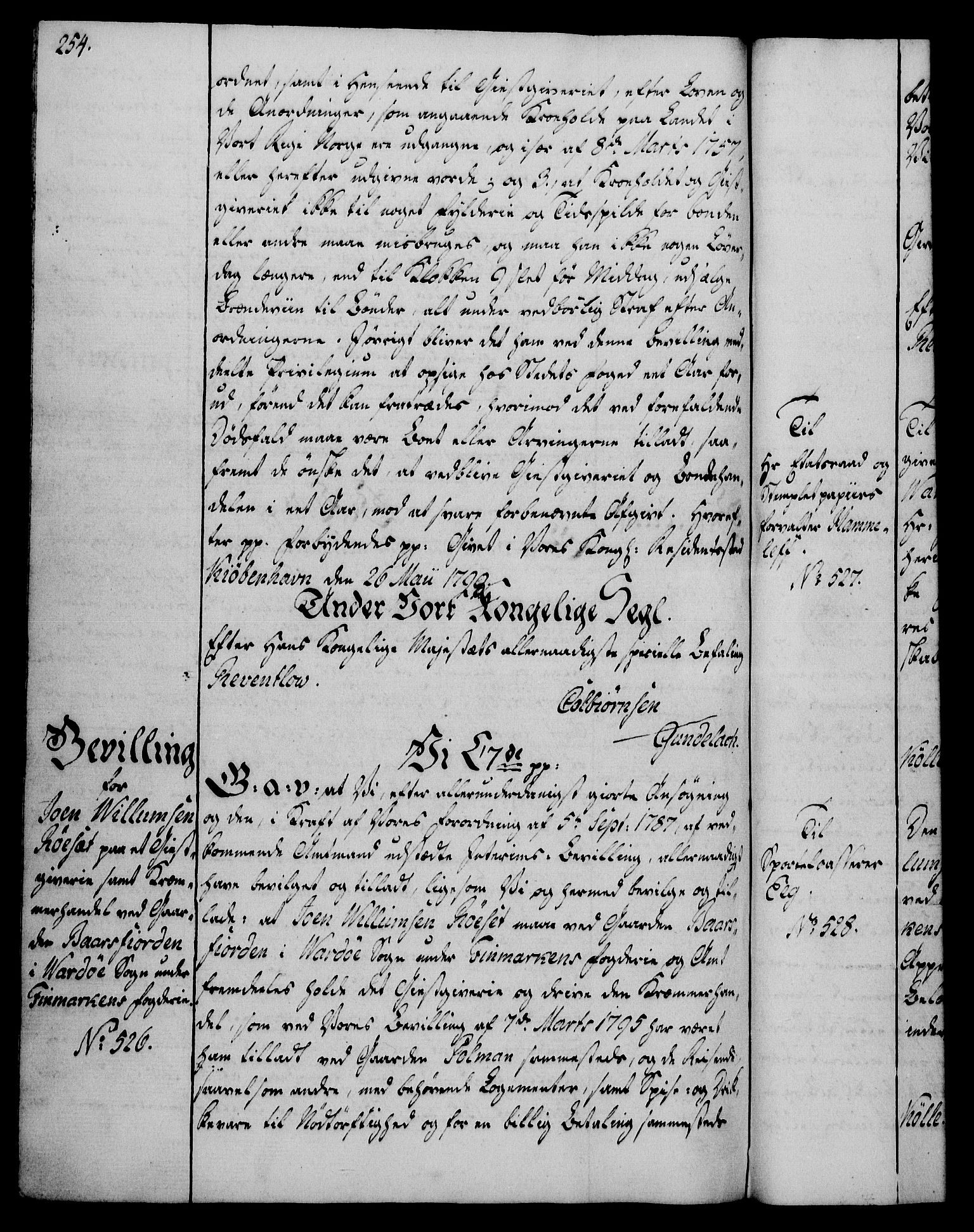 Rentekammeret, Kammerkanselliet, AV/RA-EA-3111/G/Gg/Gga/L0016: Norsk ekspedisjonsprotokoll med register (merket RK 53.16), 1794-1800, p. 254