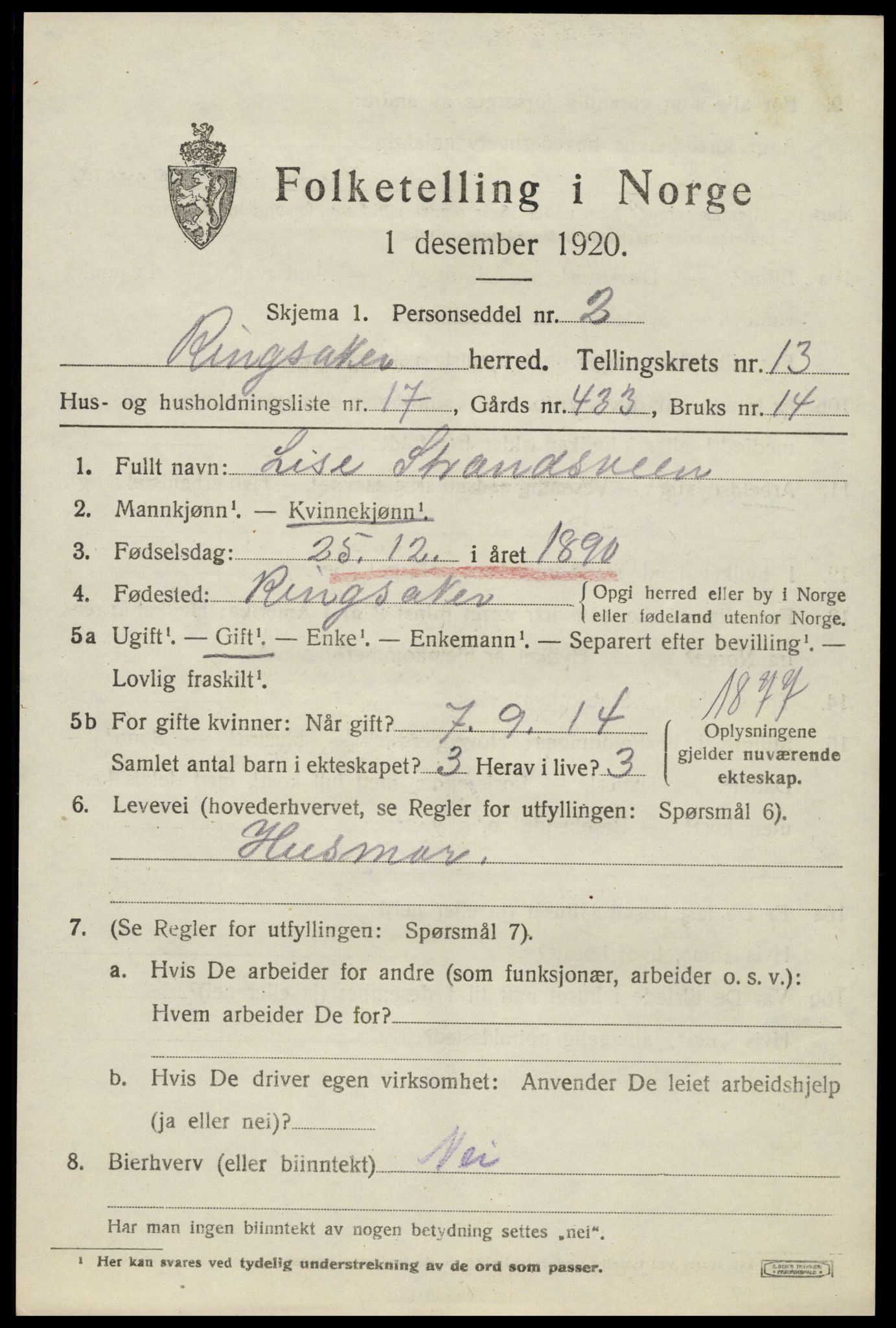 SAH, 1920 census for Ringsaker, 1920, p. 20854