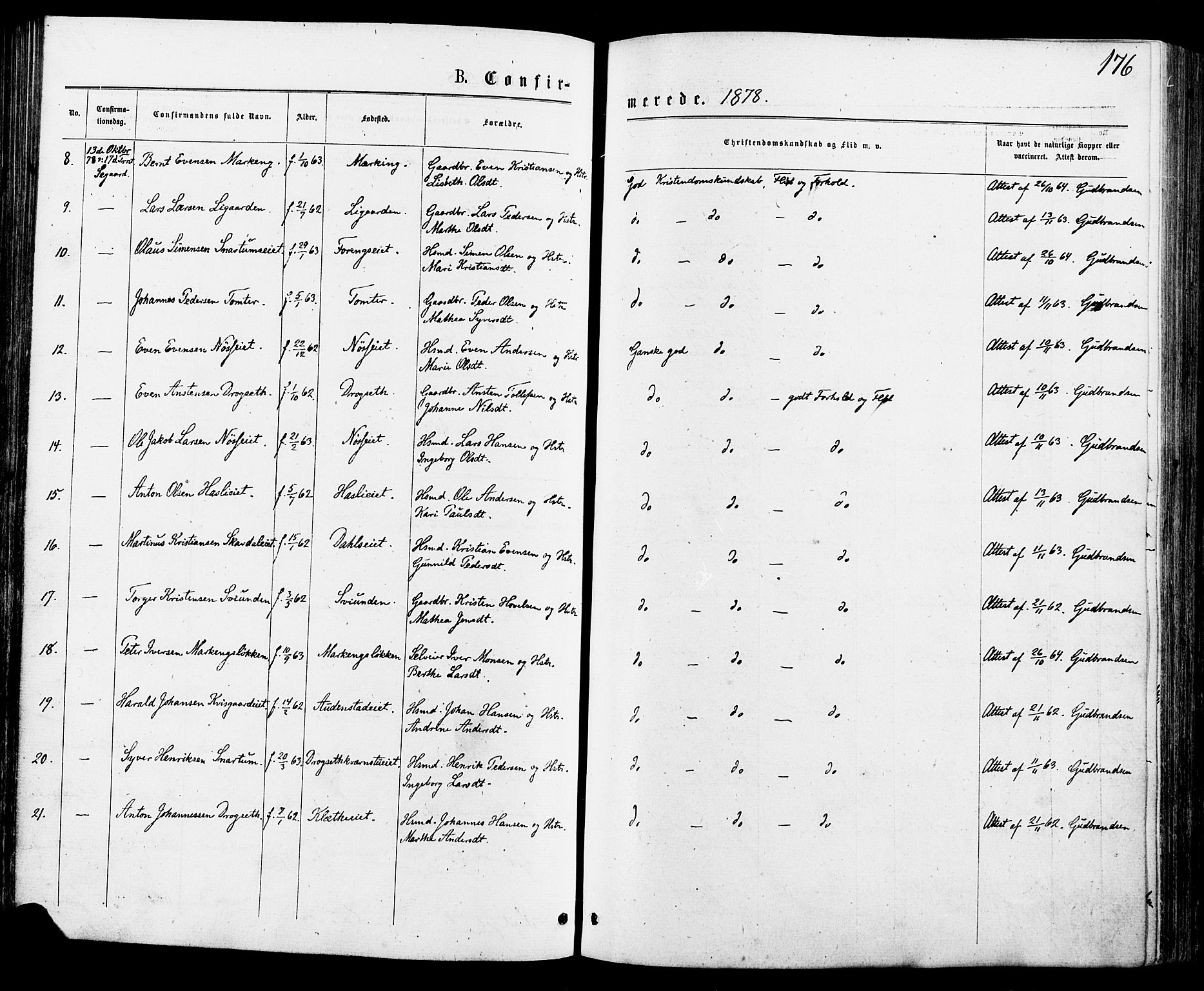 Biri prestekontor, AV/SAH-PREST-096/H/Ha/Haa/L0006: Parish register (official) no. 6, 1877-1886, p. 176