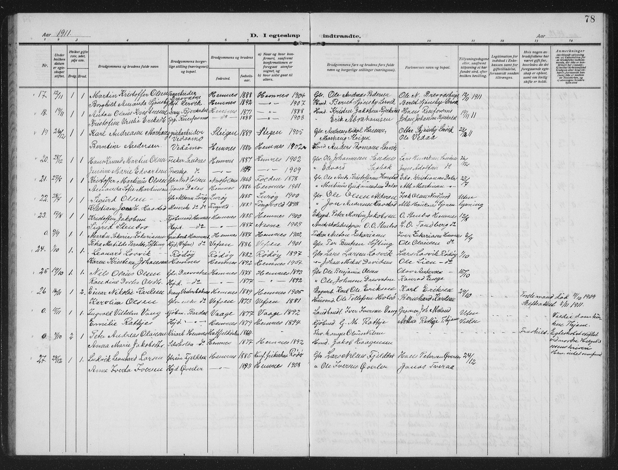 Ministerialprotokoller, klokkerbøker og fødselsregistre - Nordland, AV/SAT-A-1459/825/L0371: Parish register (copy) no. 825C08, 1907-1940, p. 78