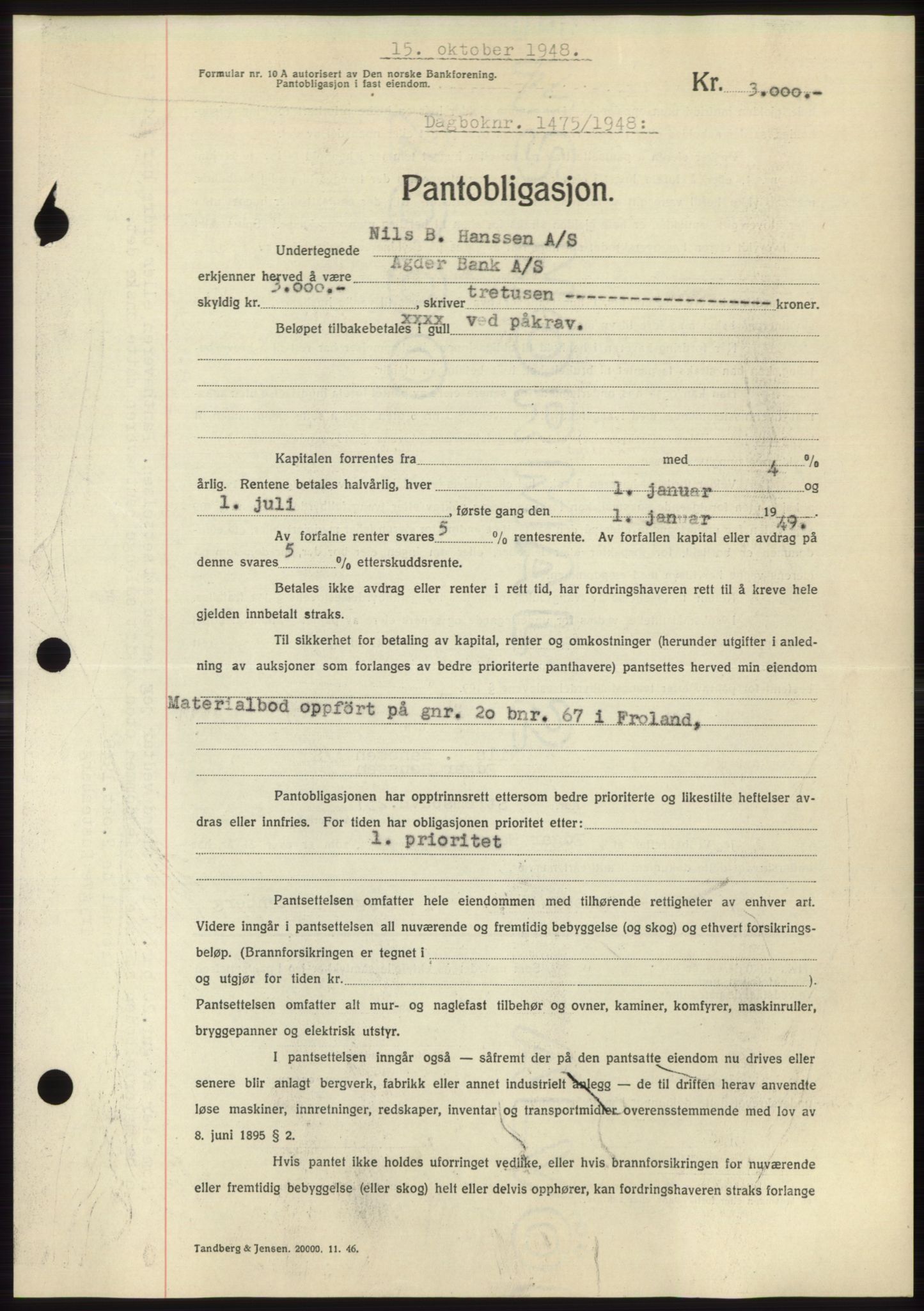 Nedenes sorenskriveri, AV/SAK-1221-0006/G/Gb/Gbb/L0005: Mortgage book no. B5, 1948-1948, Diary no: : 1475/1948