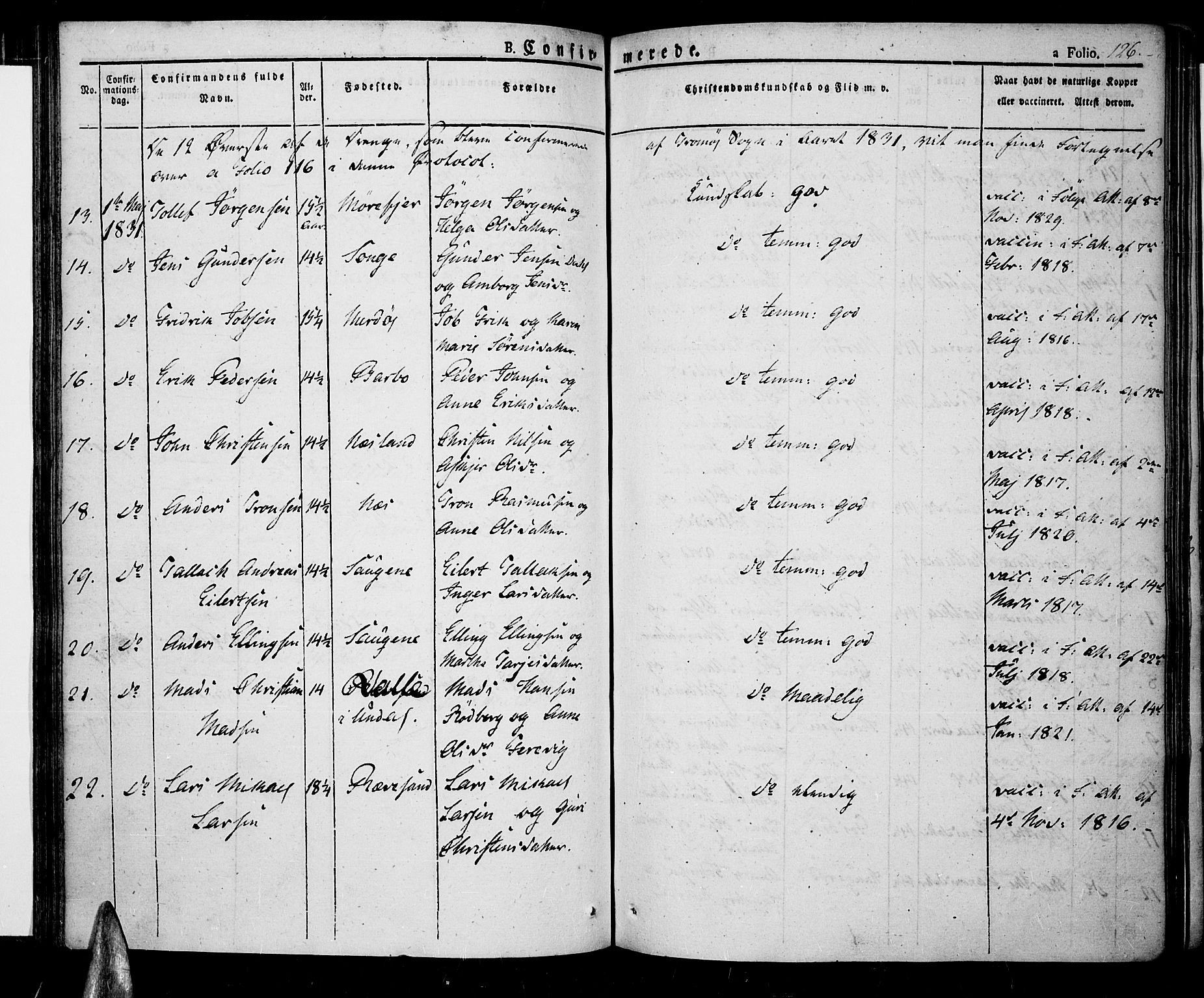 Tromøy sokneprestkontor, SAK/1111-0041/F/Fa/L0003: Parish register (official) no. A 3, 1825-1837, p. 126