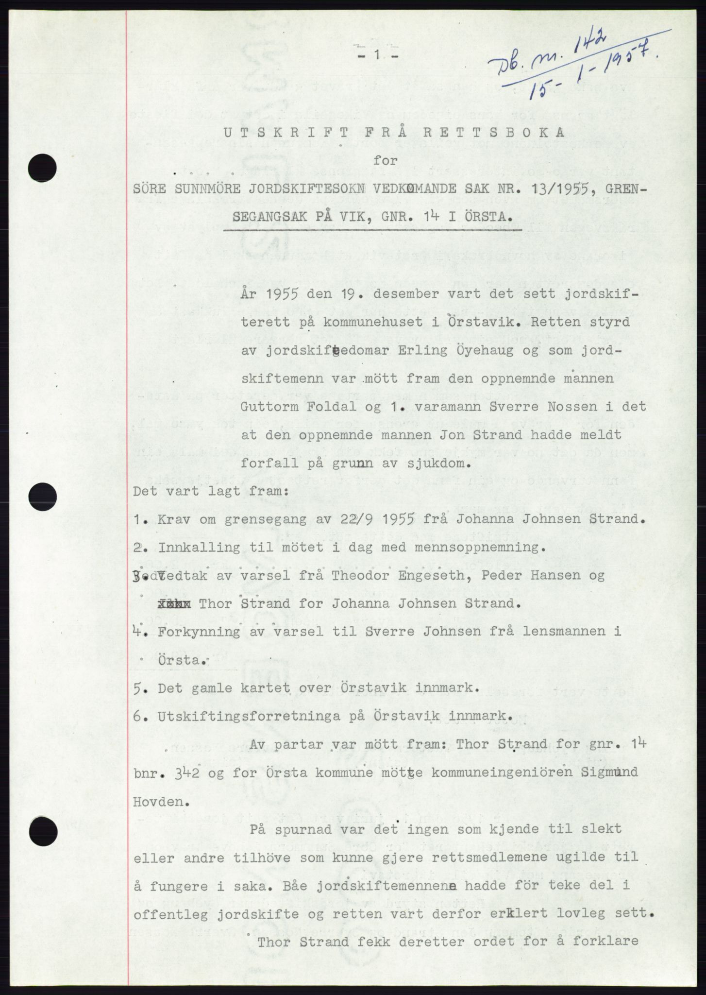 Søre Sunnmøre sorenskriveri, AV/SAT-A-4122/1/2/2C/L0105: Mortgage book no. 31A, 1956-1957, Diary no: : 142/1957