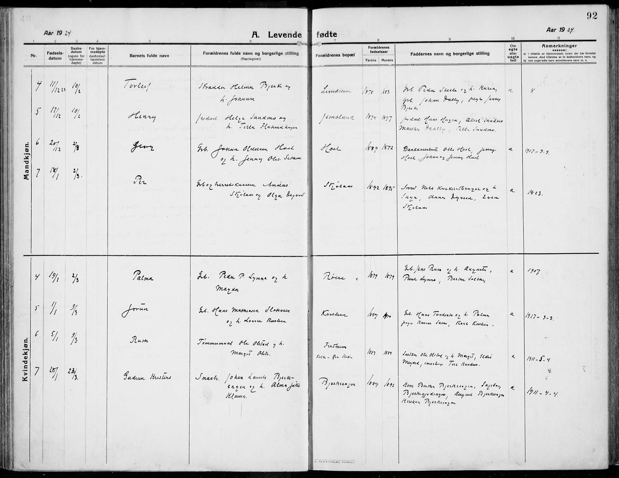 Kolbu prestekontor, SAH/PREST-110/H/Ha/Haa/L0002: Parish register (official) no. 2, 1912-1926, p. 92
