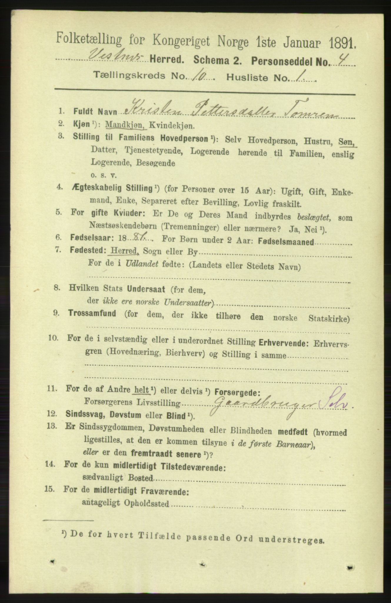 RA, 1891 census for 1535 Vestnes, 1891, p. 3686